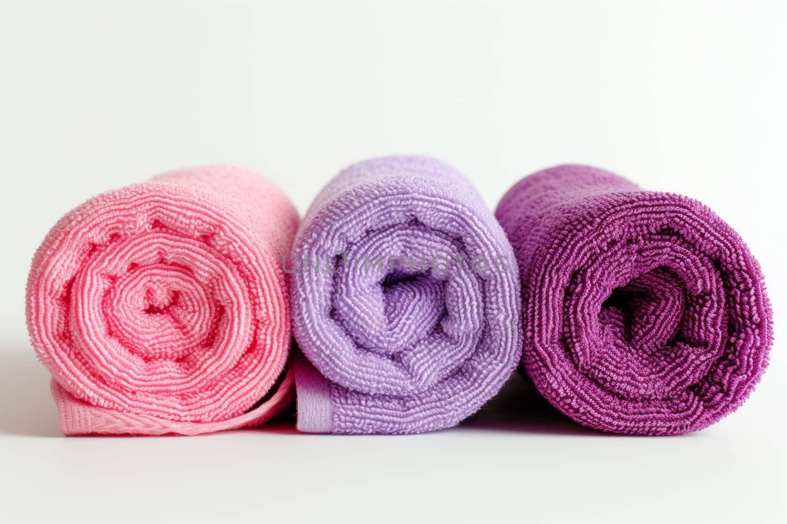 Clean pink and purple towels on a white insulated background.
