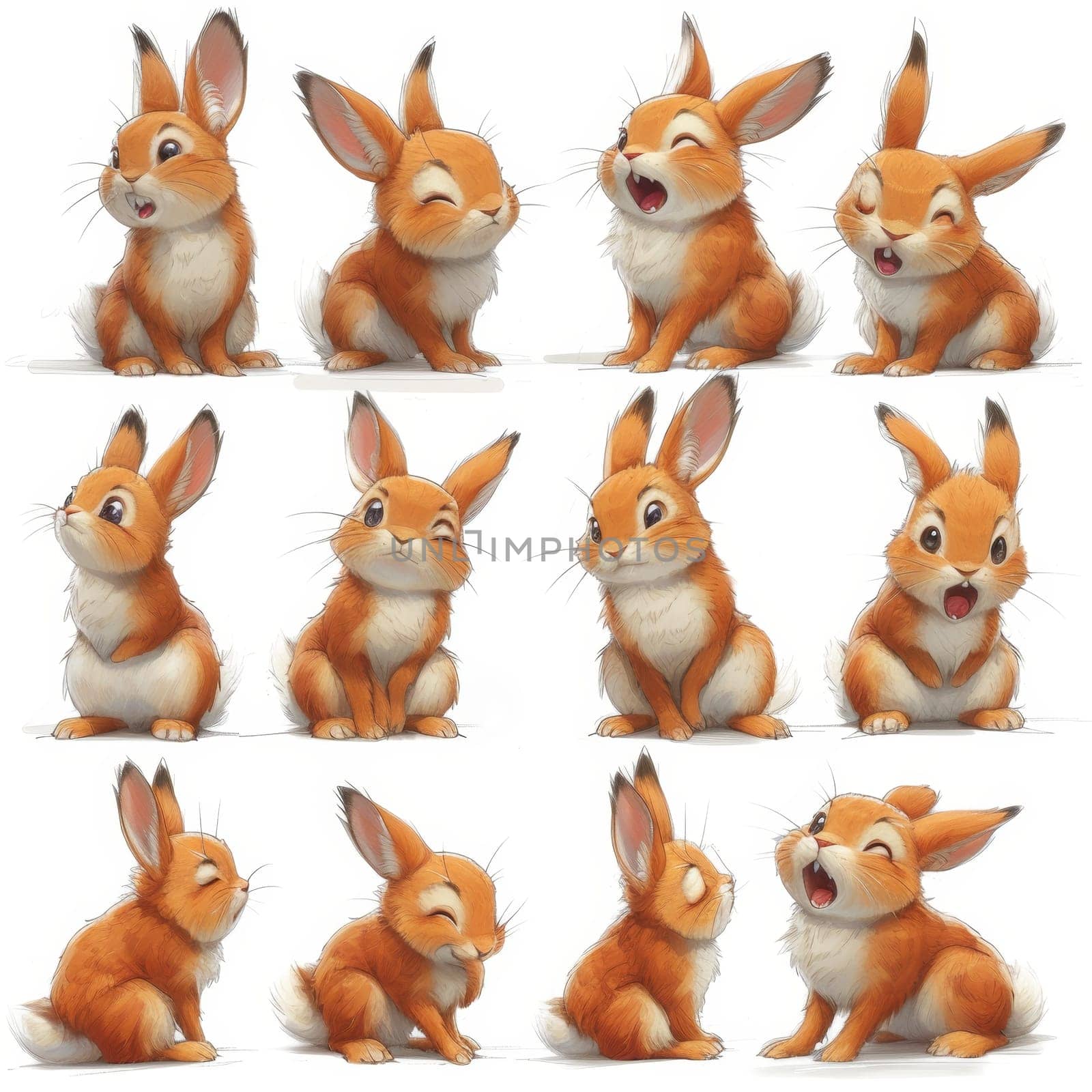 A set of adorable cute red rabbits on a white background.