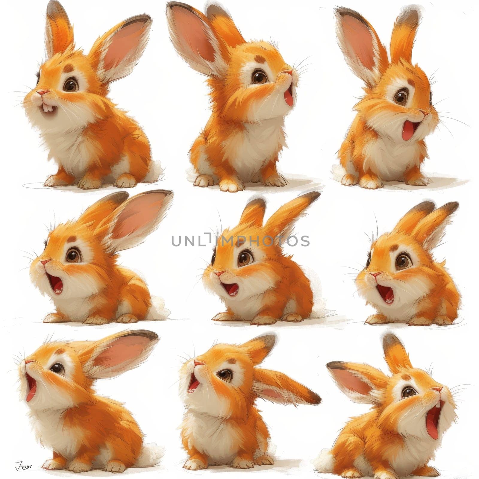 A set of adorable cute red rabbits on a white background by Lobachad