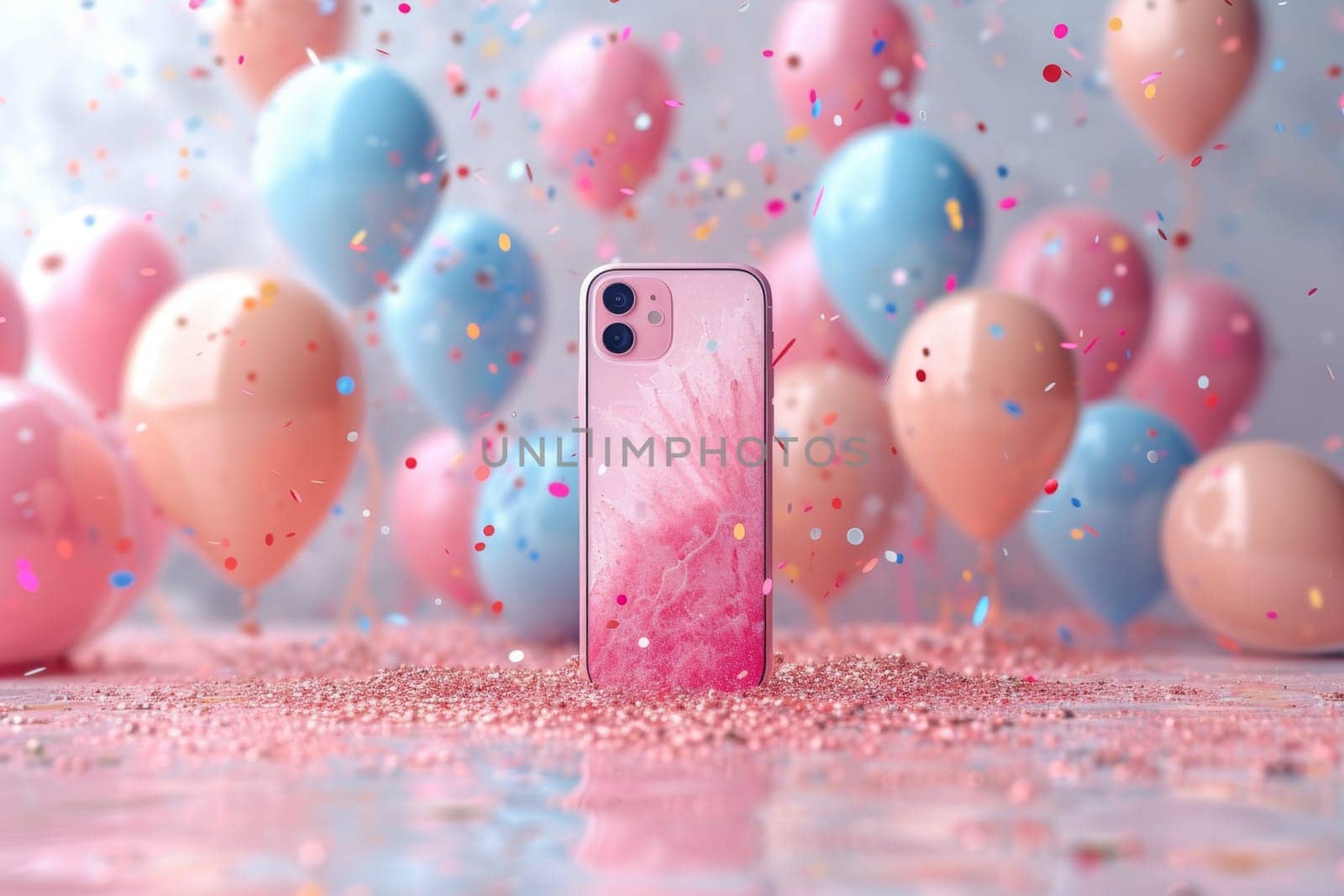 Smartphone on the background of festive balloons and confetti . The concept of shopping and holidays.