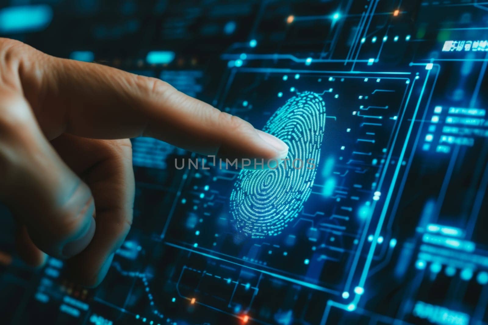 Human fingerprint scanning and biometric authentication. Future technologies and cybernetics.