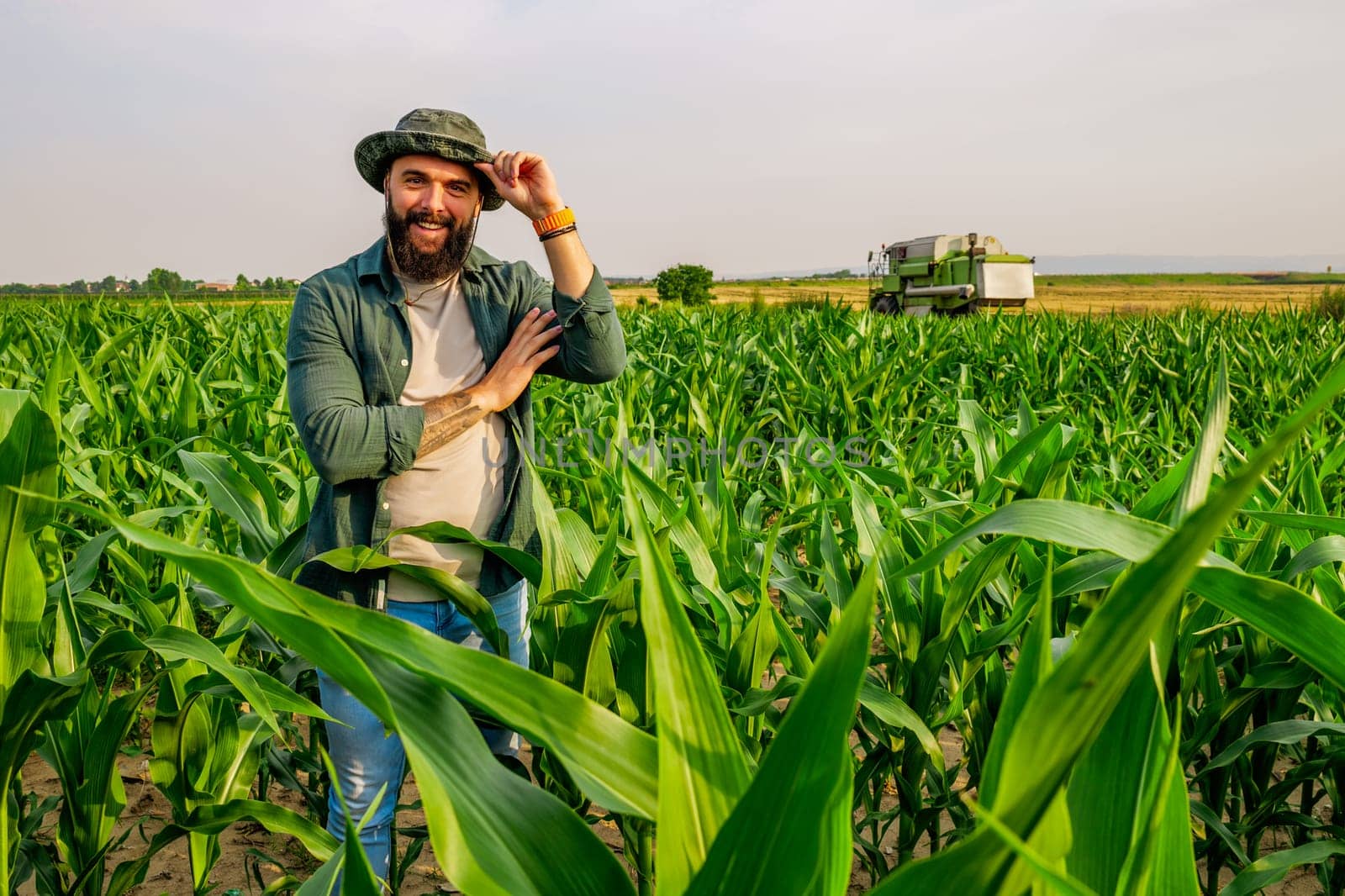 Portrait of farmer who is cultivating corn. Agricultural occupation.