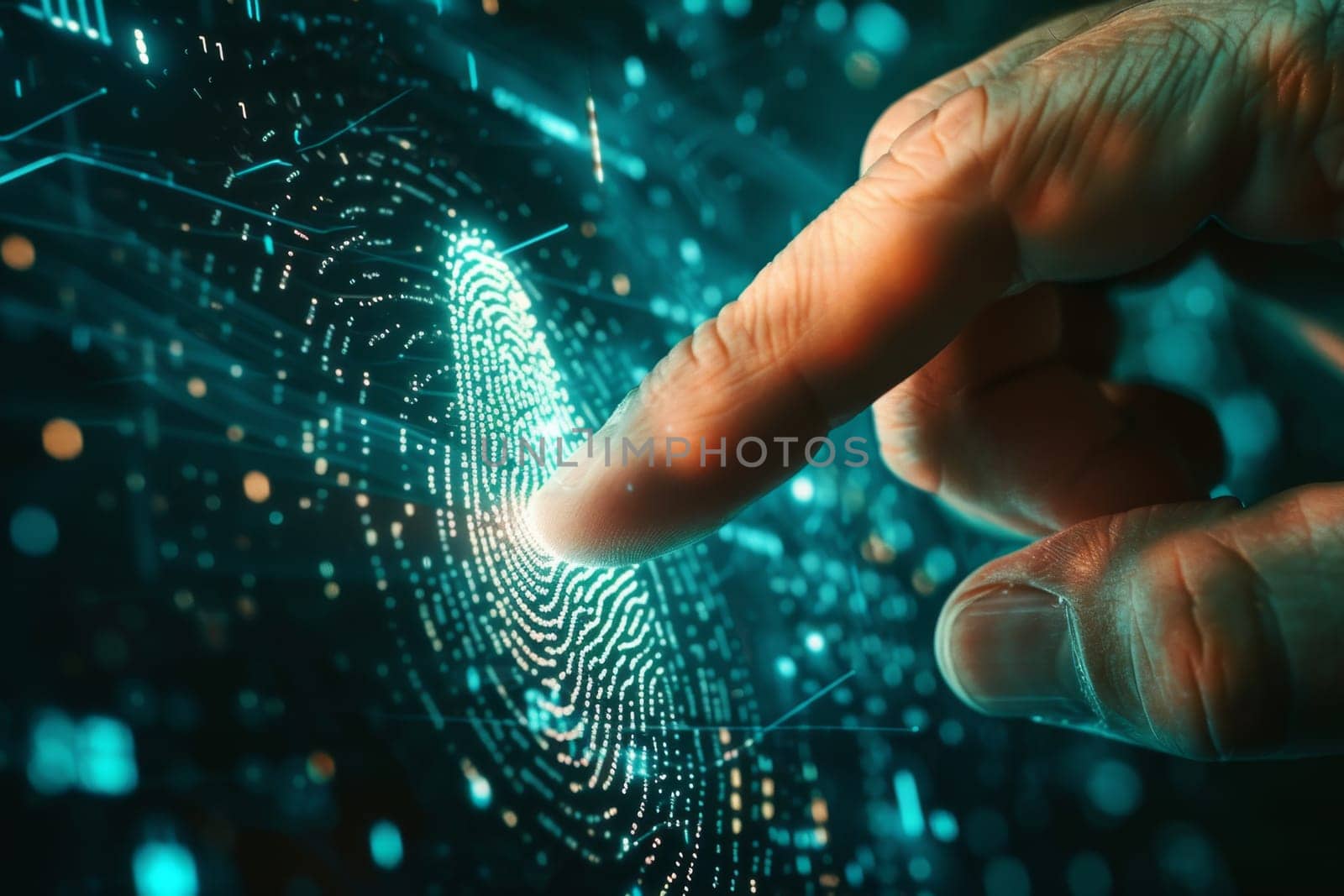 Human fingerprint scanning and biometric authentication. Future technologies and cybernetics.