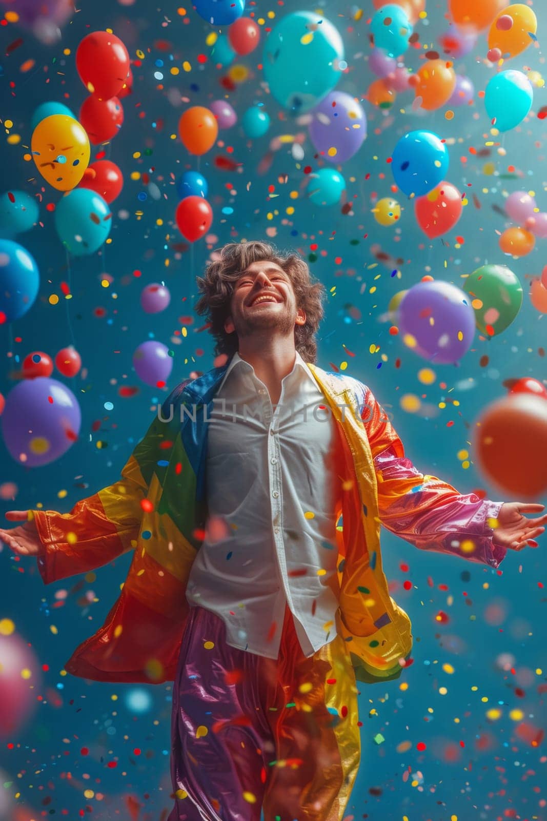 A happy cheerful man rejoices in bright multicolored balloons.