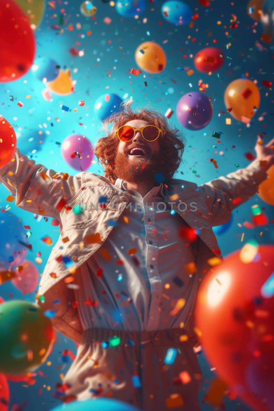 A happy cheerful man rejoices in bright multicolored balloons by Lobachad