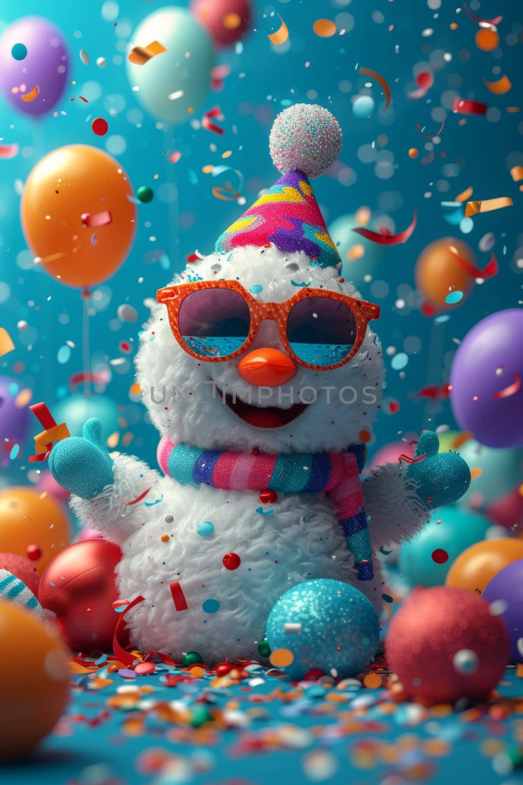 Happy cheerful snowman character enjoys bright colorful balloons.