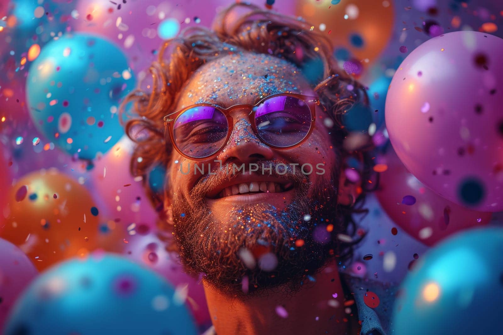 A happy cheerful man rejoices in bright multicolored balloons.
