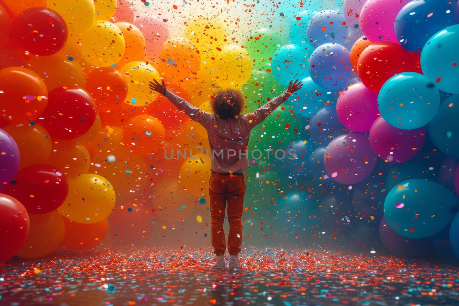 A happy cheerful man rejoices in bright multicolored balloons.