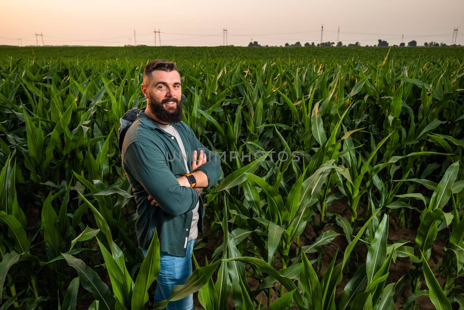 Portrait of farmer who is cultivating corn. He is satisfied with good progress of plants. Agricultural occupation.