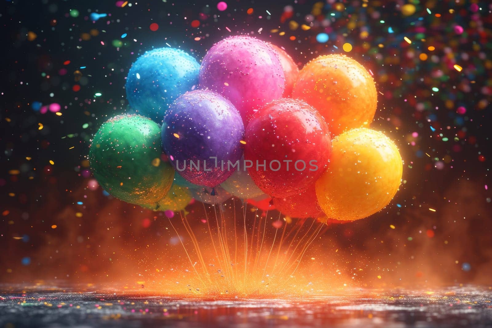 Lots of festive colorful balloons on a black background.