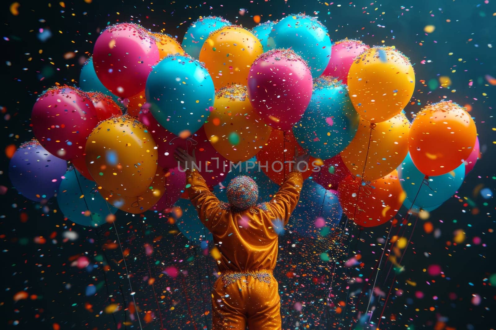 A happy cheerful man rejoices in bright multicolored balloons.