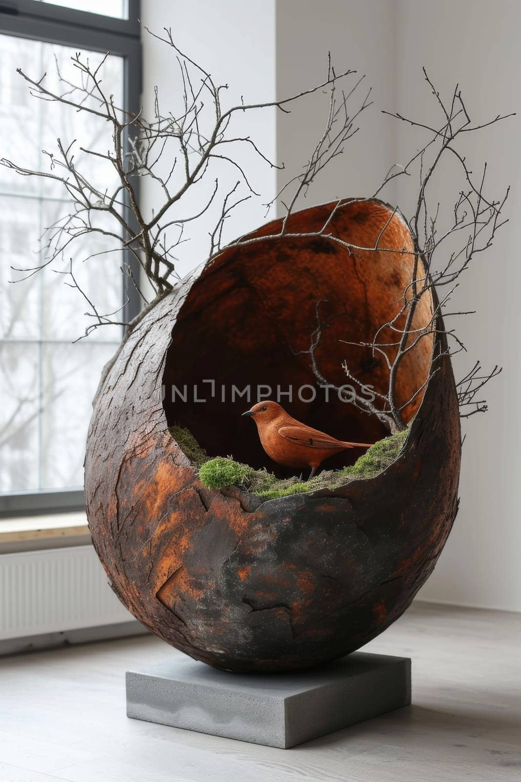 Modern design sculpture in the home interior in the form of a bird's nest.