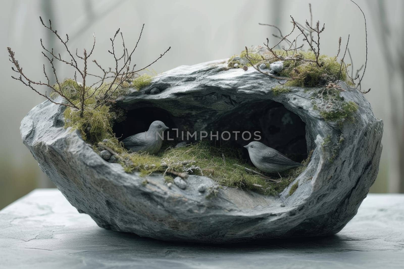 Modern design sculpture in the home interior in the form of a bird's nest.