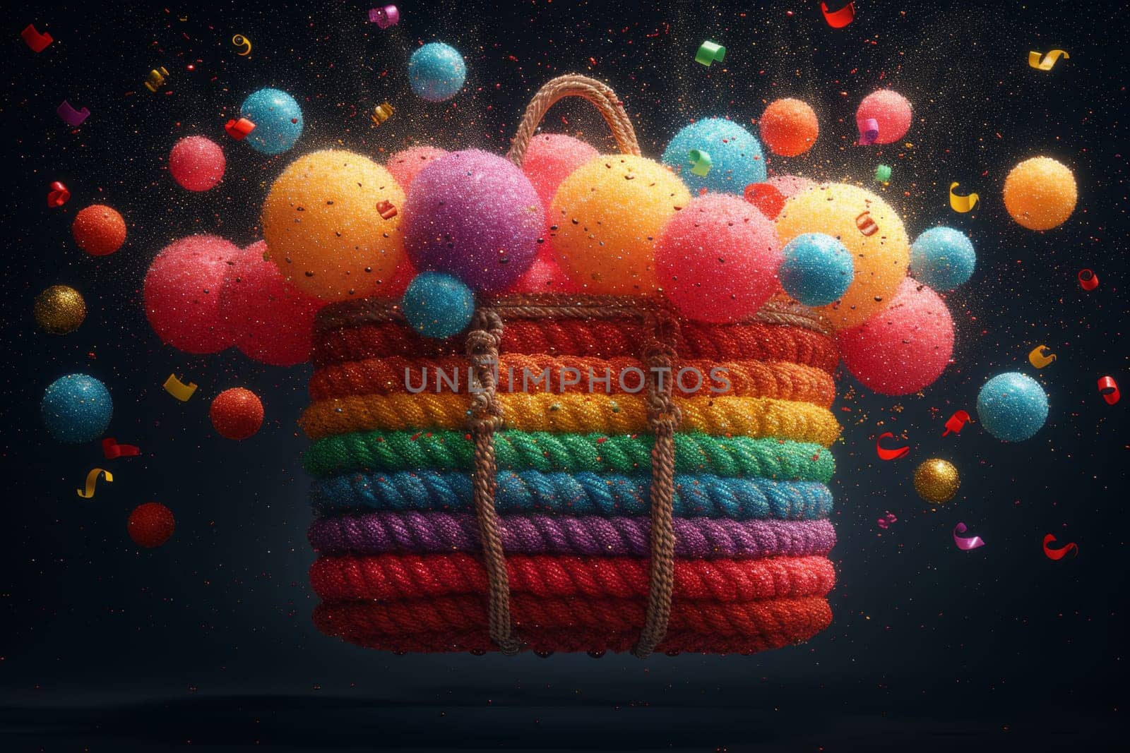 Lots of festive multicolored balloons in a rainbow-colored basket on a black background.