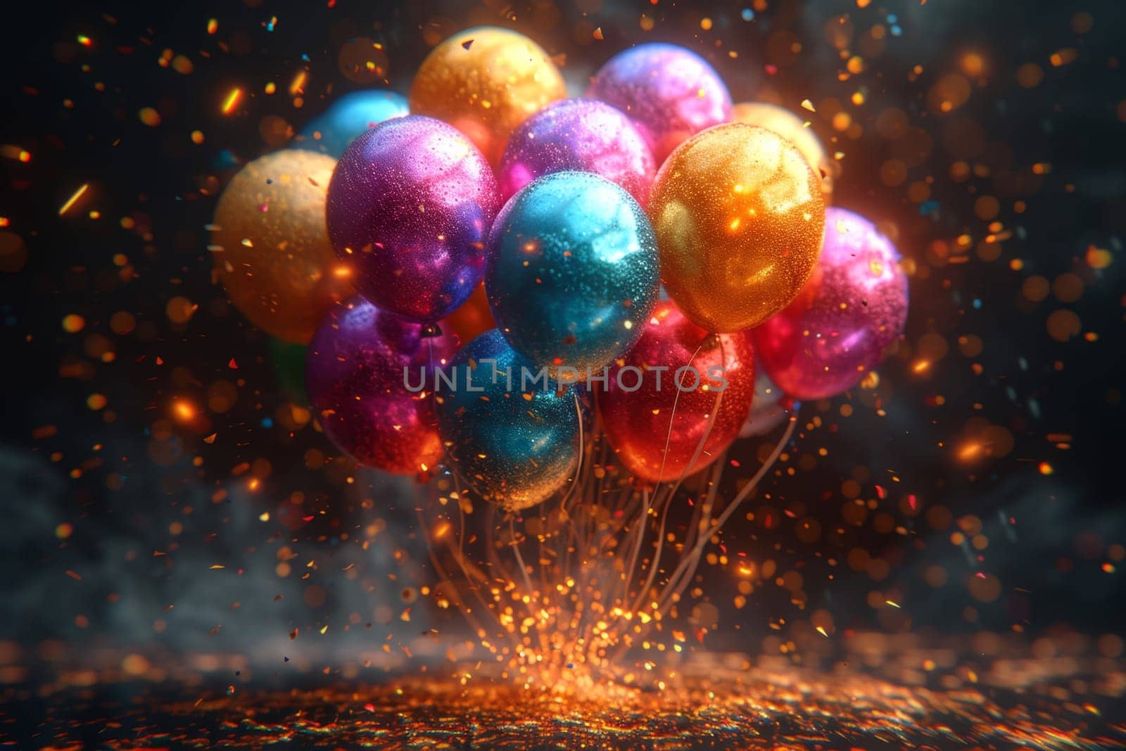 Lots of festive colorful balloons on a black background.