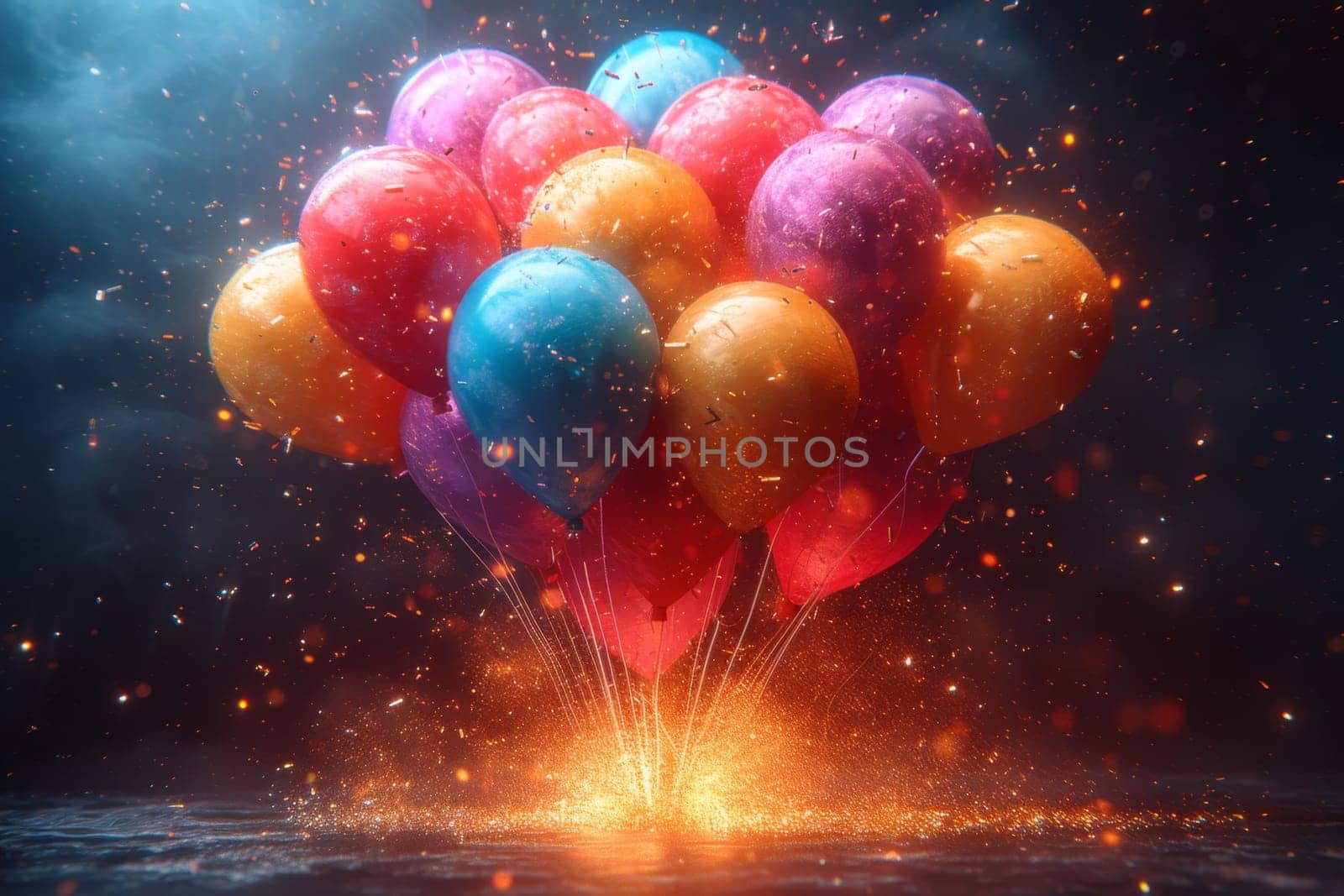 Lots of festive colorful balloons on a black background.