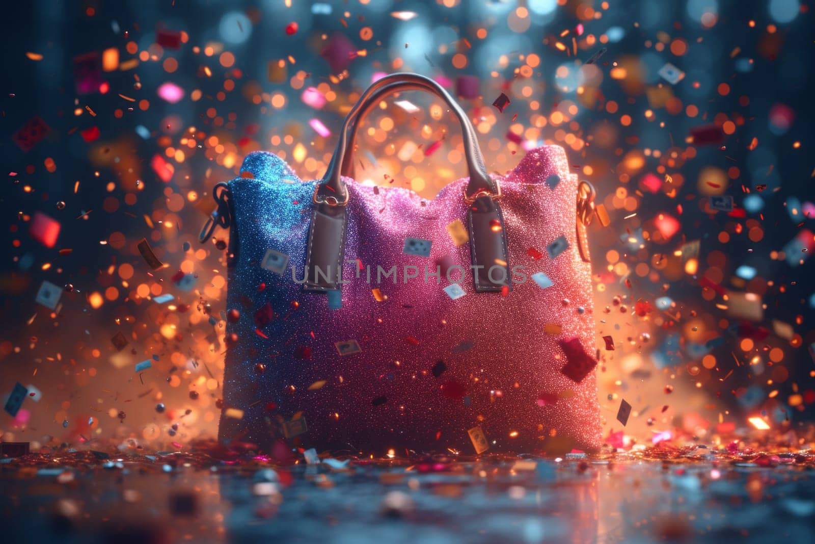 Women's bag. Shiny leather handbag on a festive confetti background. Fashion trends.