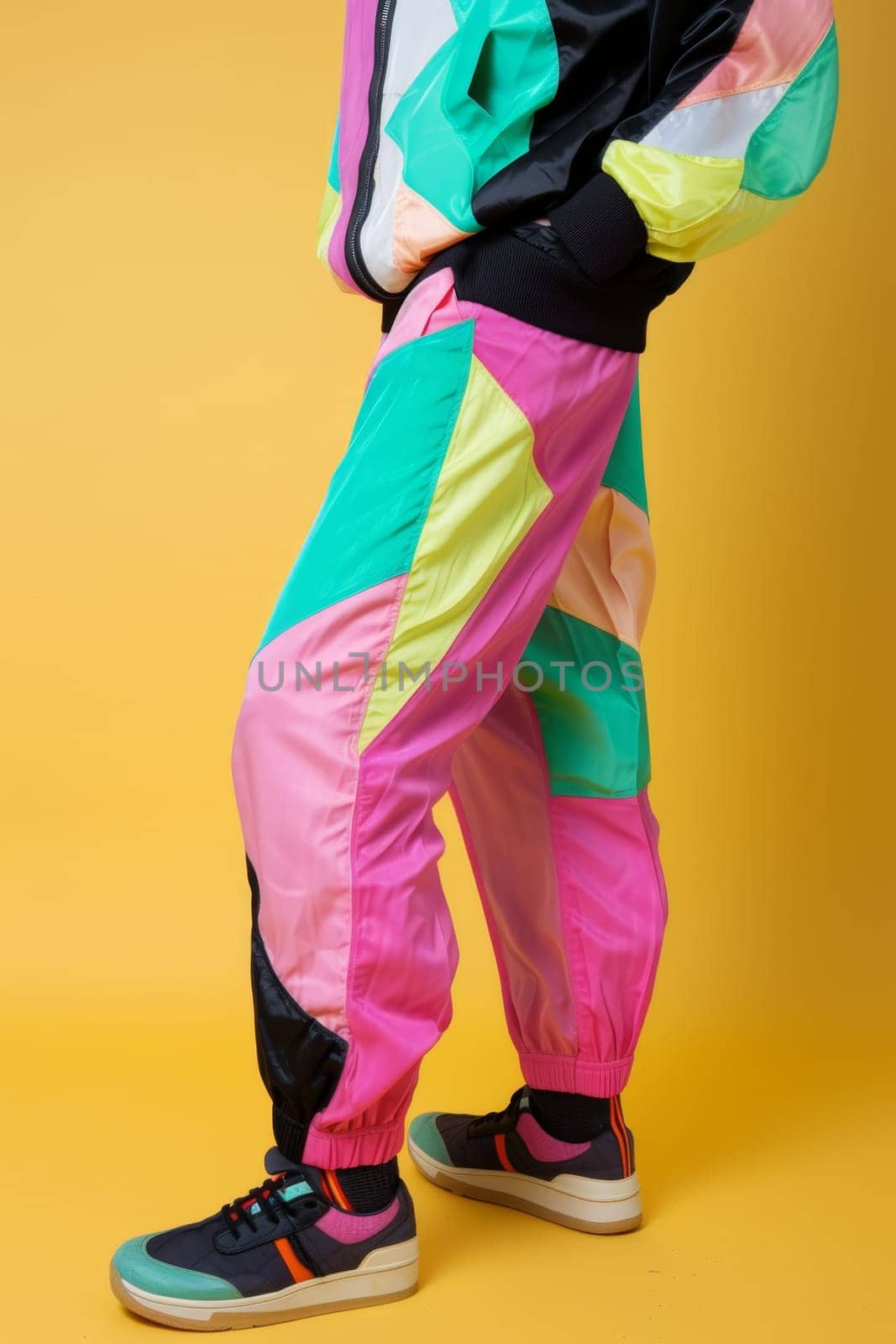 A fashionable girl in bright colorful retro-style clothes on a yellow background enjoys the atmosphere of the 80s and 90s by Lobachad