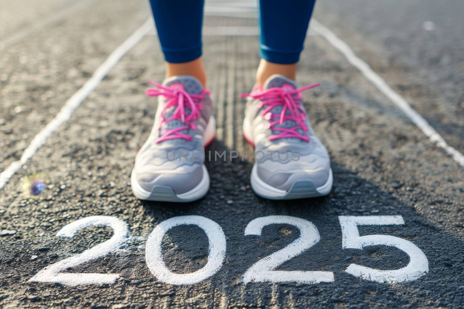 Women's feet in sneakers stand on the asphalt with the inscription 2025 . The athlete is at the start line.