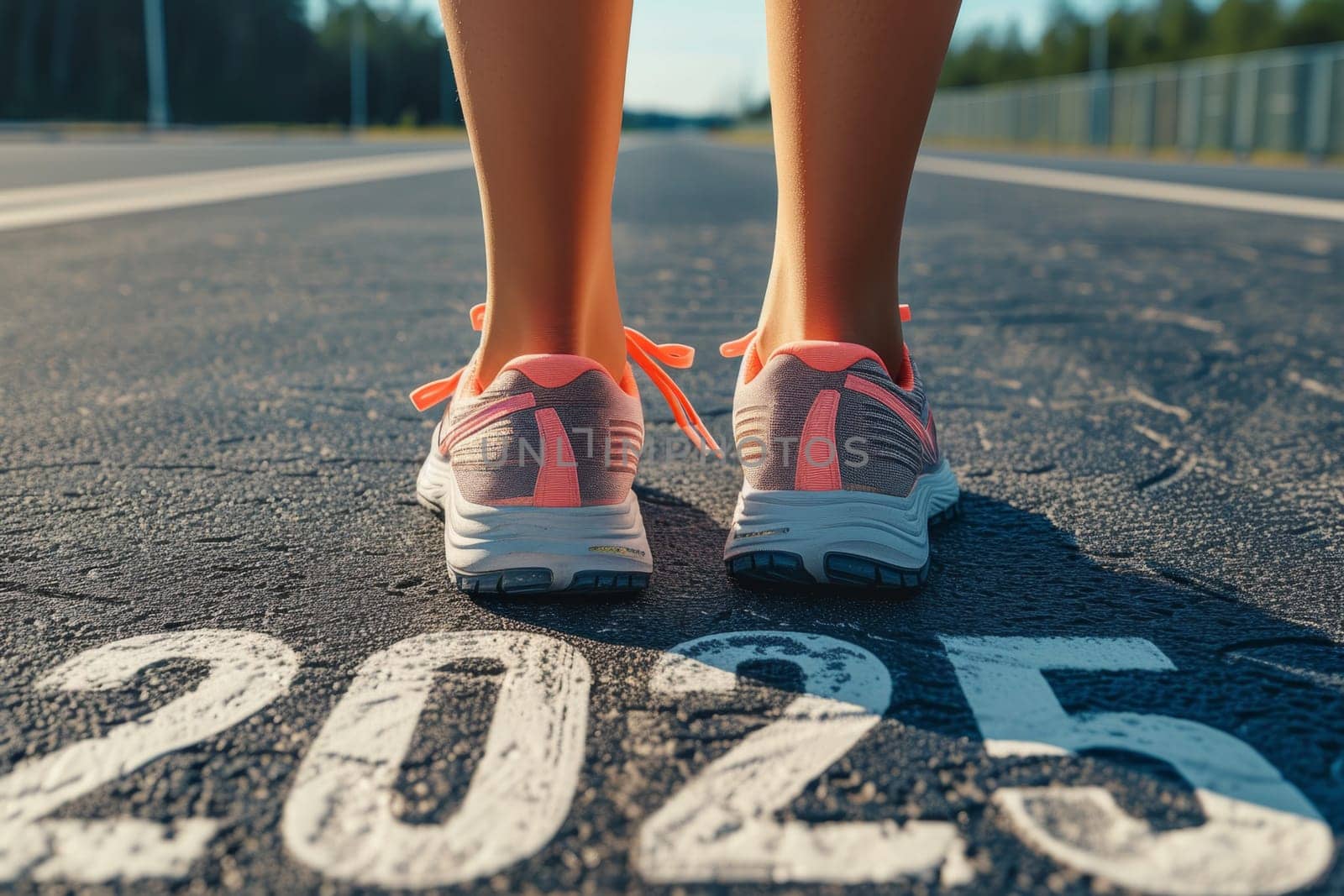 Women's feet in sneakers stand on the asphalt with the inscription 2025 . The athlete is at the start line.