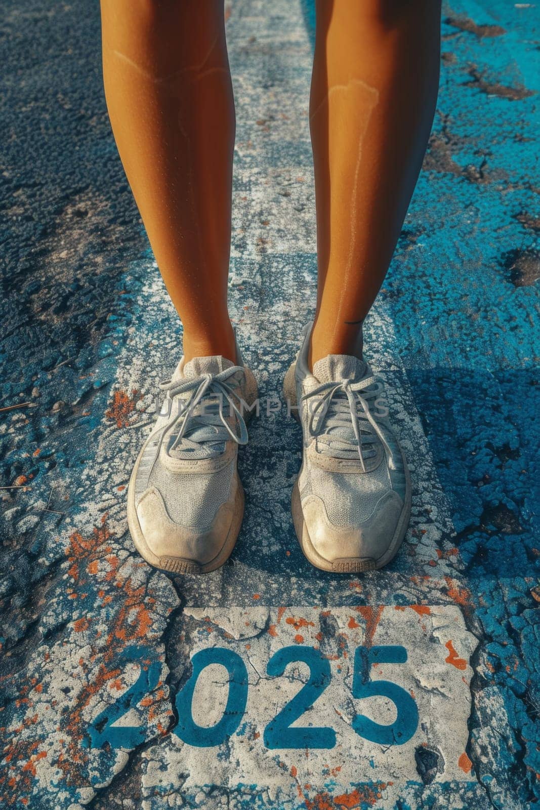 Women's feet in sneakers stand on the asphalt with the inscription 2025 . The athlete is at the start line.