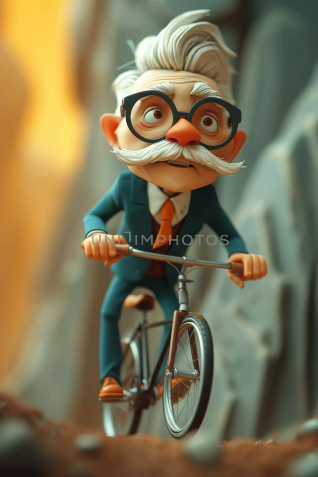 A cartoon character in a formal suit riding a bicycle down the street . 3d illustration.