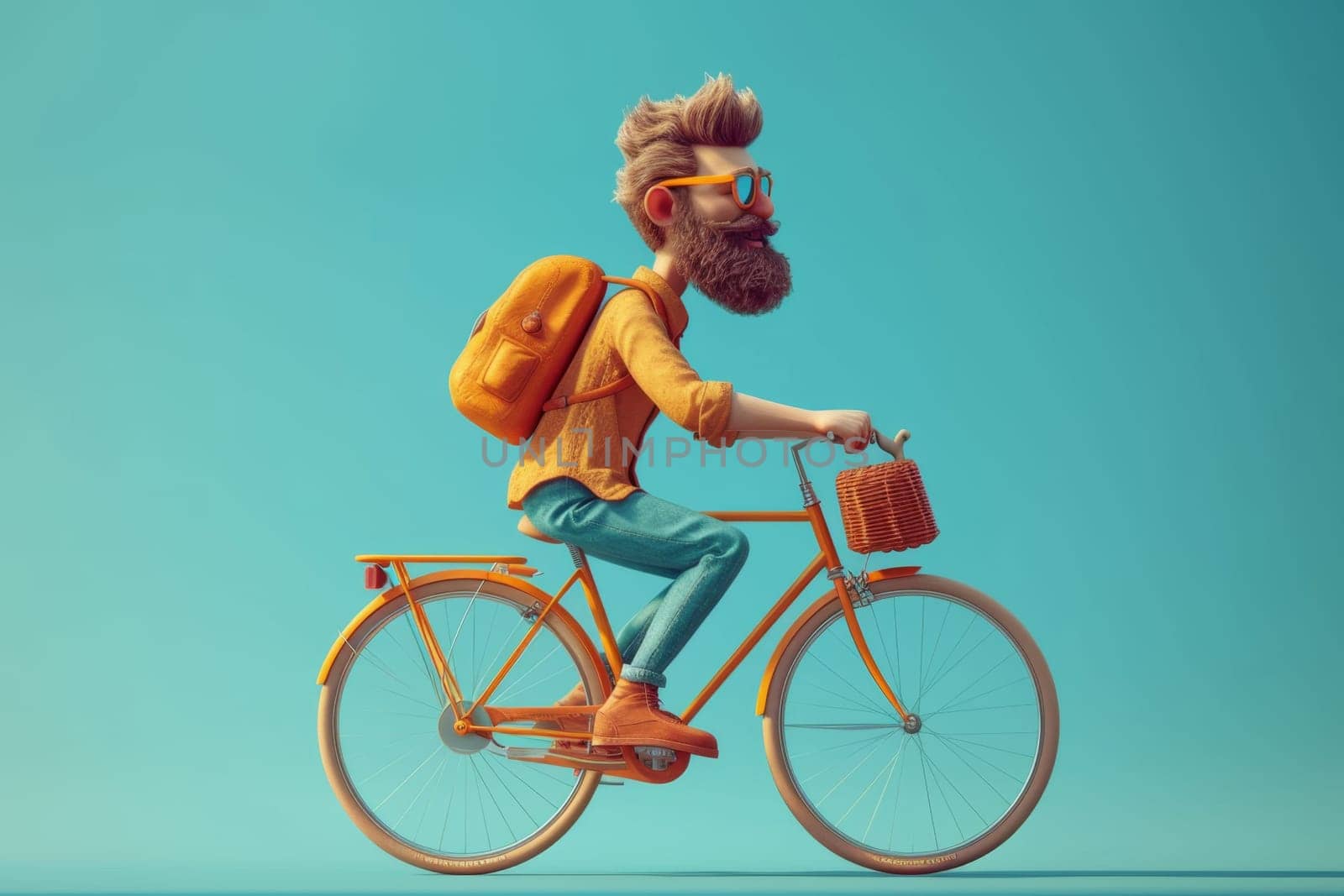 The cartoon character is a backpacker on a blue background riding a bicycle. 3d illustration.