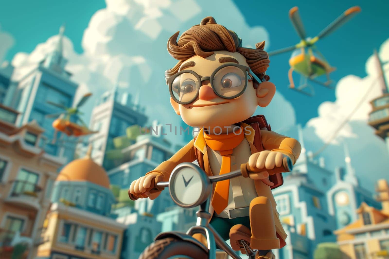 The cartoon character is a teenager riding a bike down the street . 3d illustration.