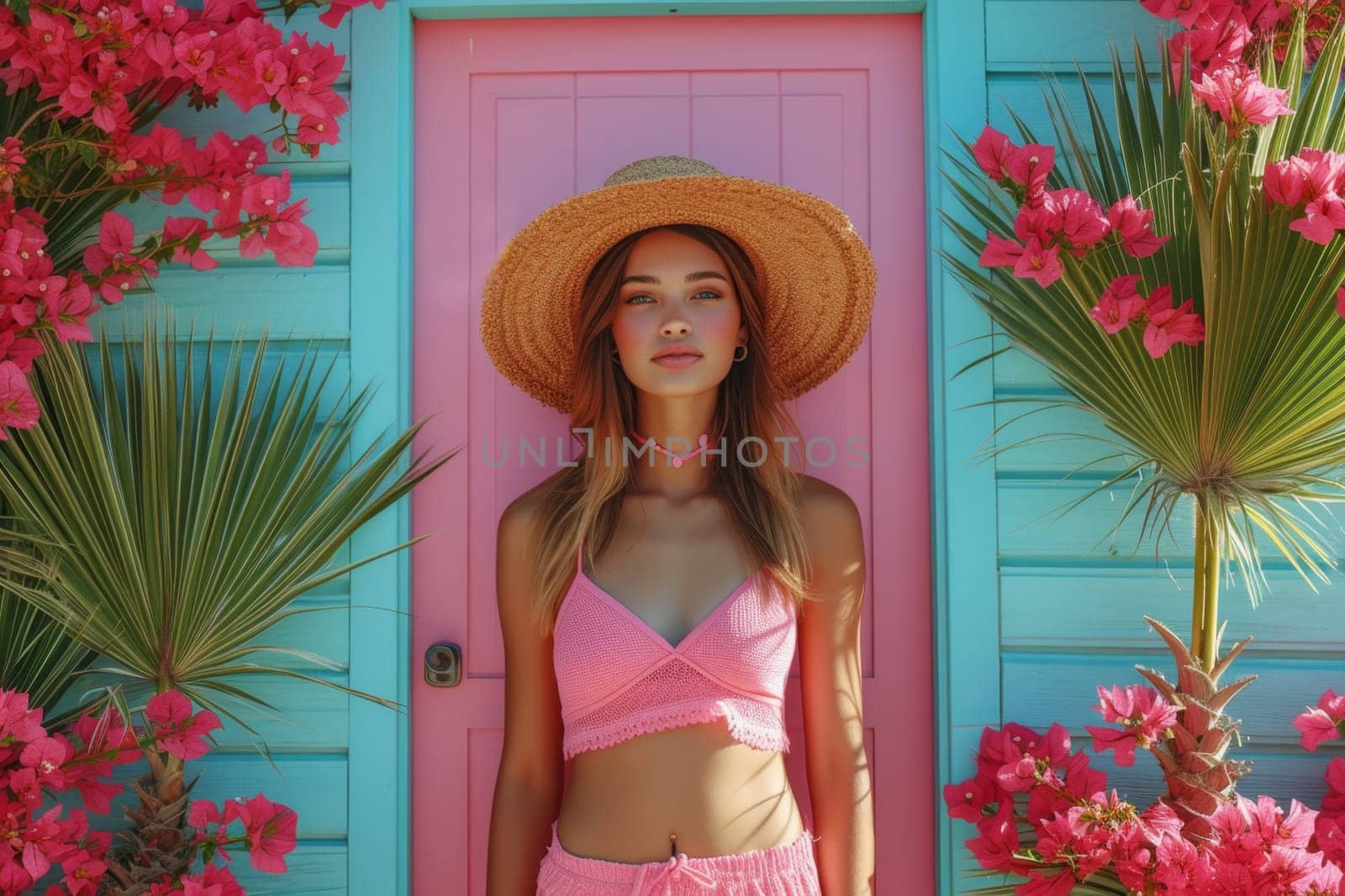 a girl in a pink swimsuit at the entrance to a house with tropical flowers.