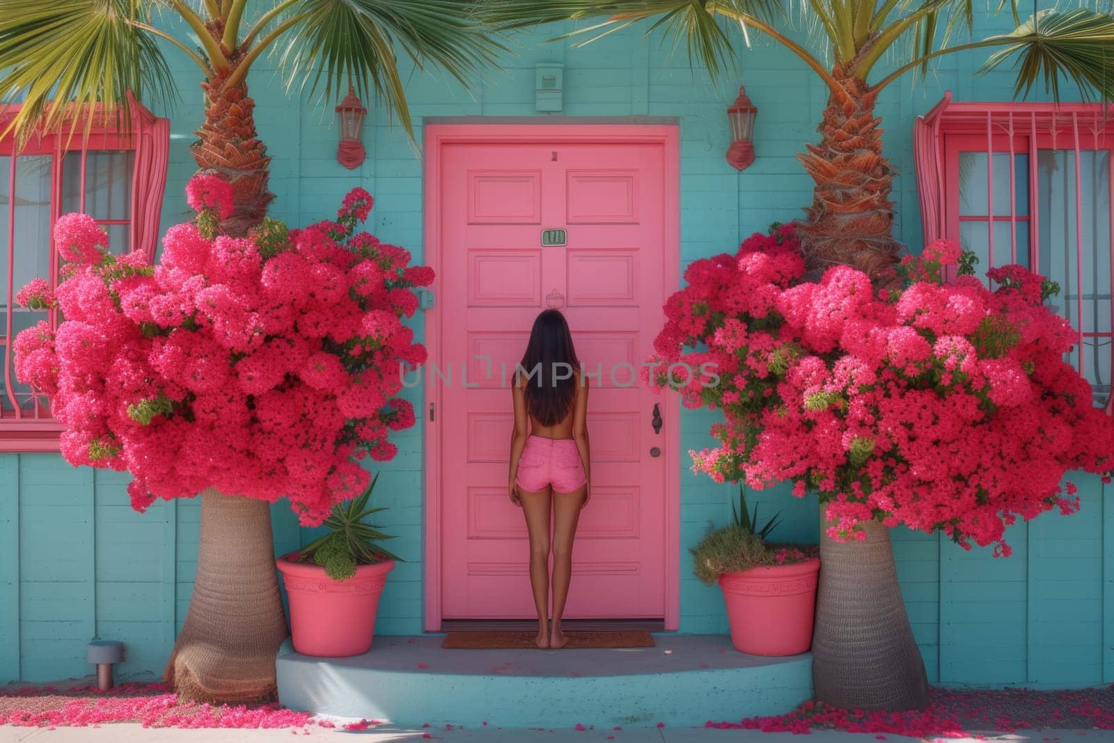 a girl in a pink dress near the entrance to a house with tropical vegetation by Lobachad