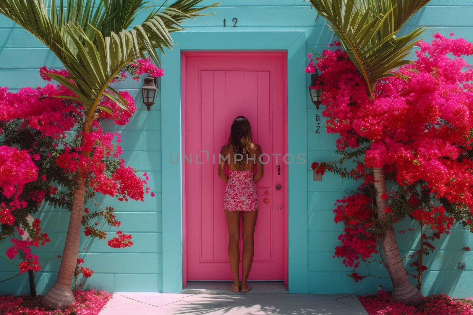 a girl in a pink dress near the entrance to a house with tropical vegetation.