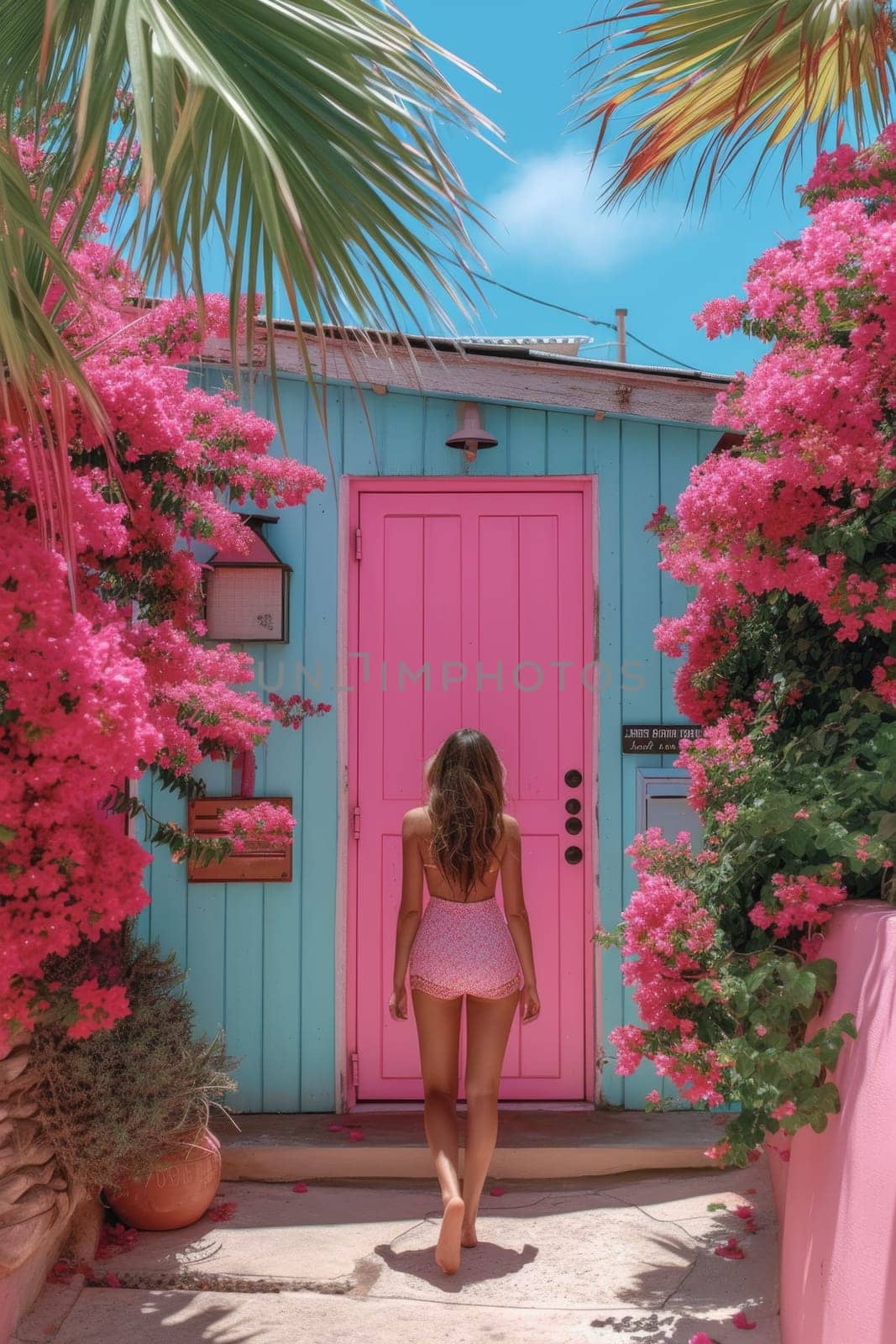 a girl in a pink dress near the entrance to a house with tropical vegetation by Lobachad