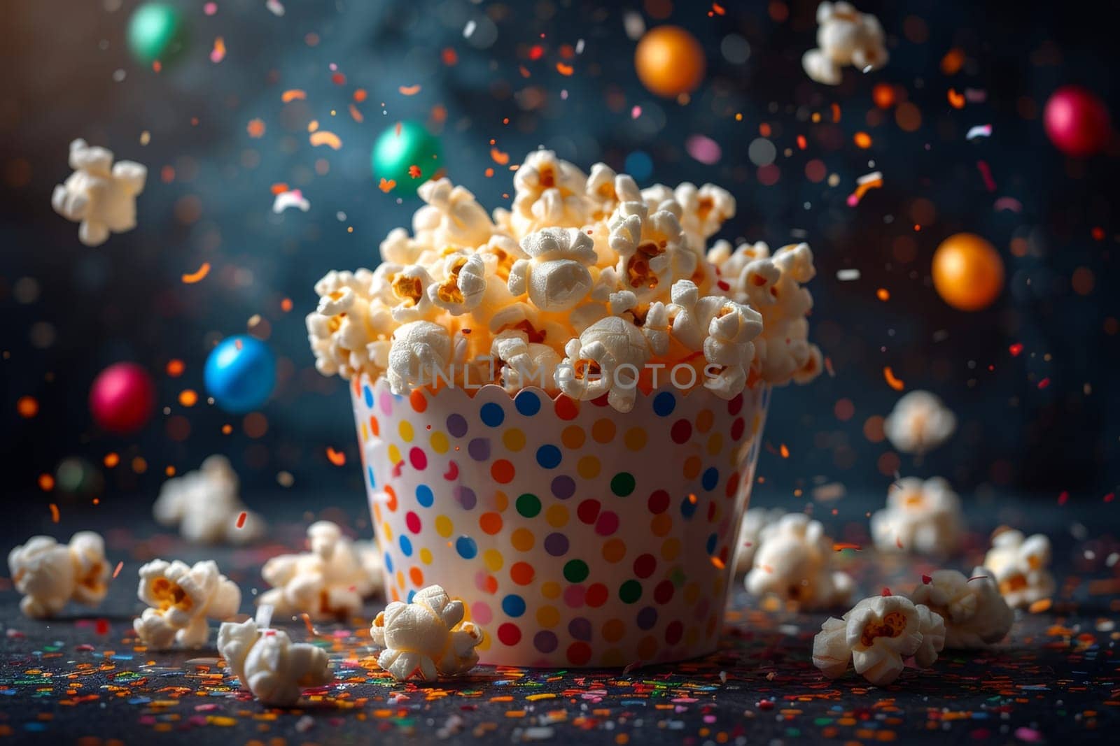 Festive explosive popcorn in a glass on a black background.