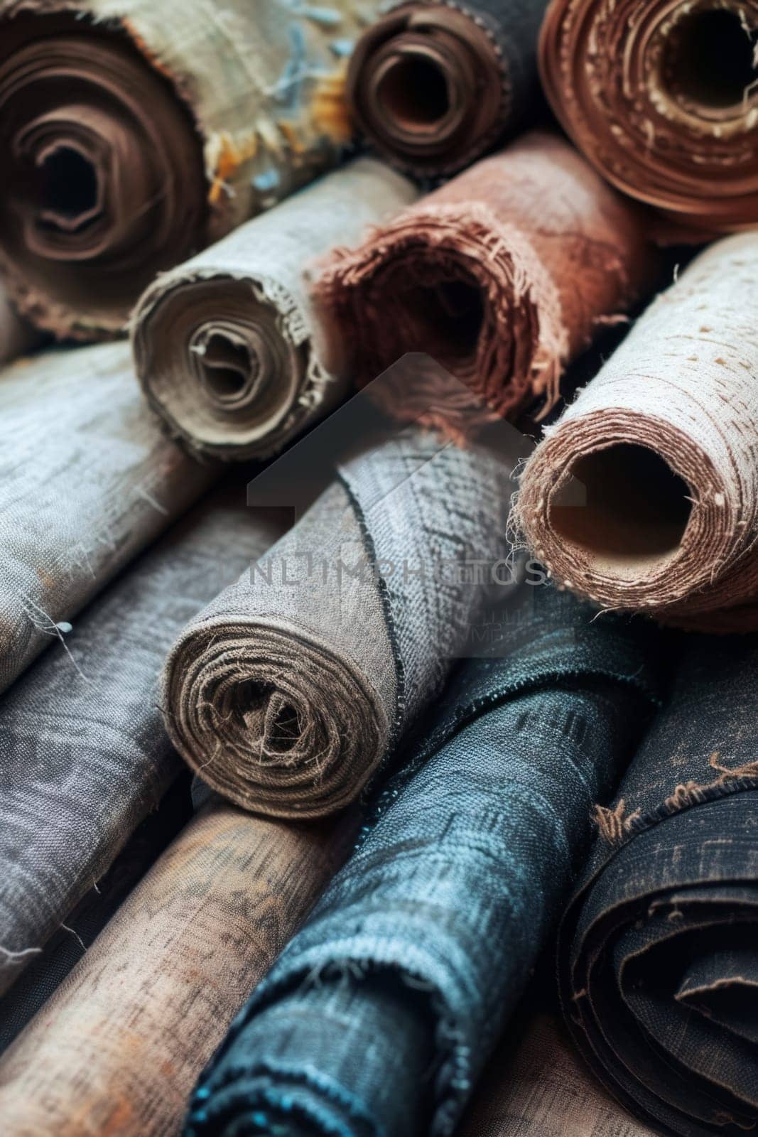 Close-up of various rolls of multicolored fabric stacked.