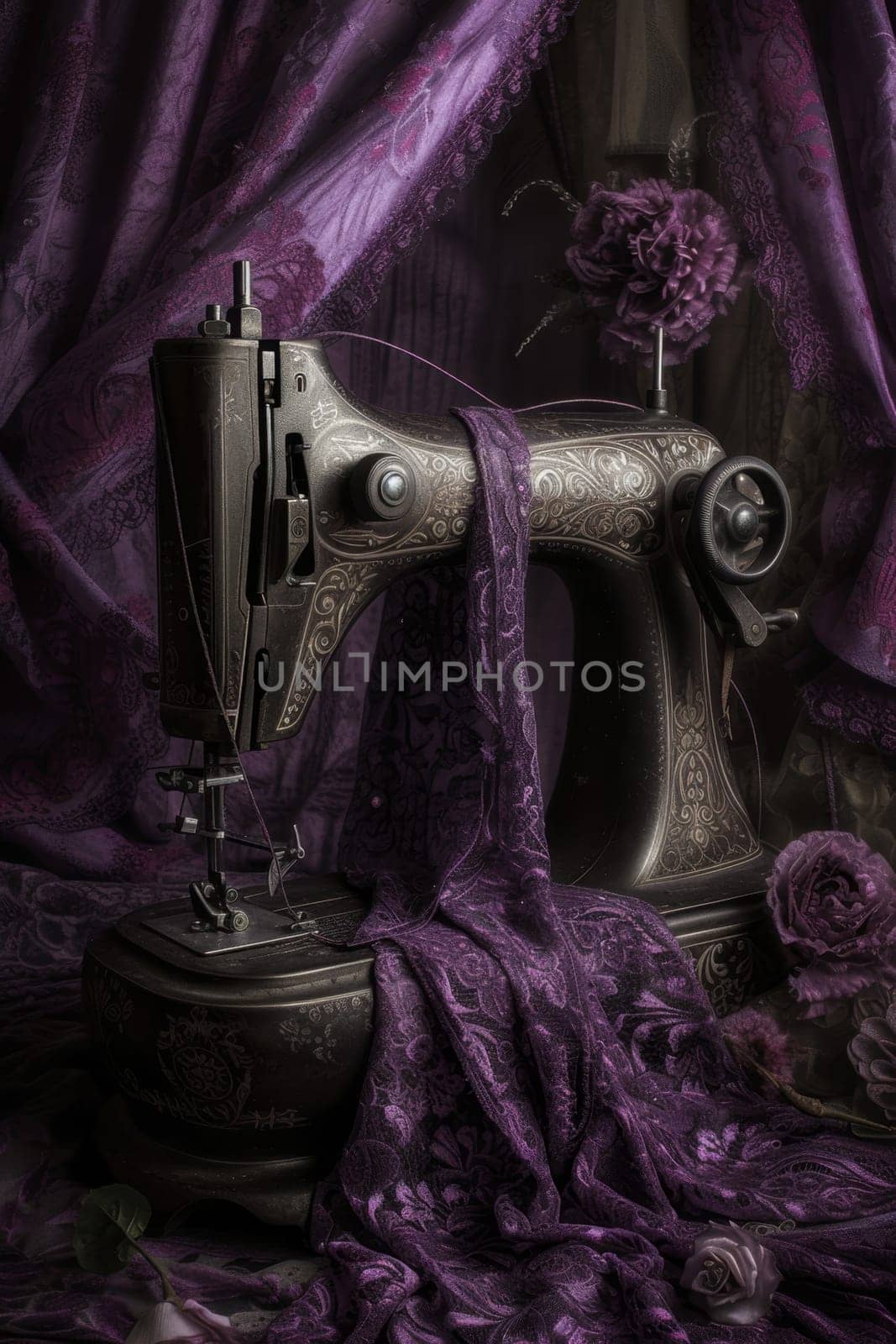 An antique sewing machine is ready to work on the table.