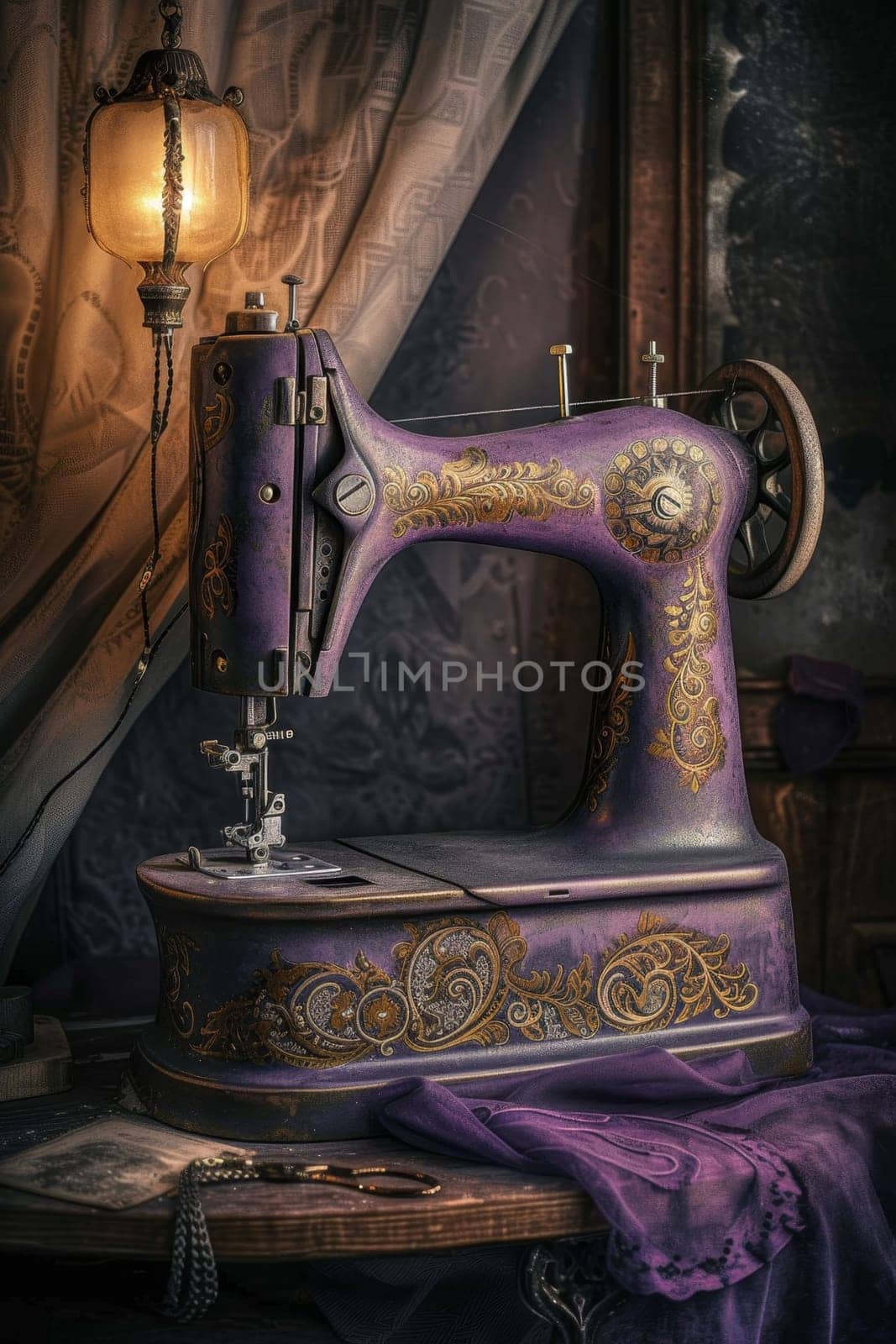 An antique sewing machine is ready to work on the table by Lobachad