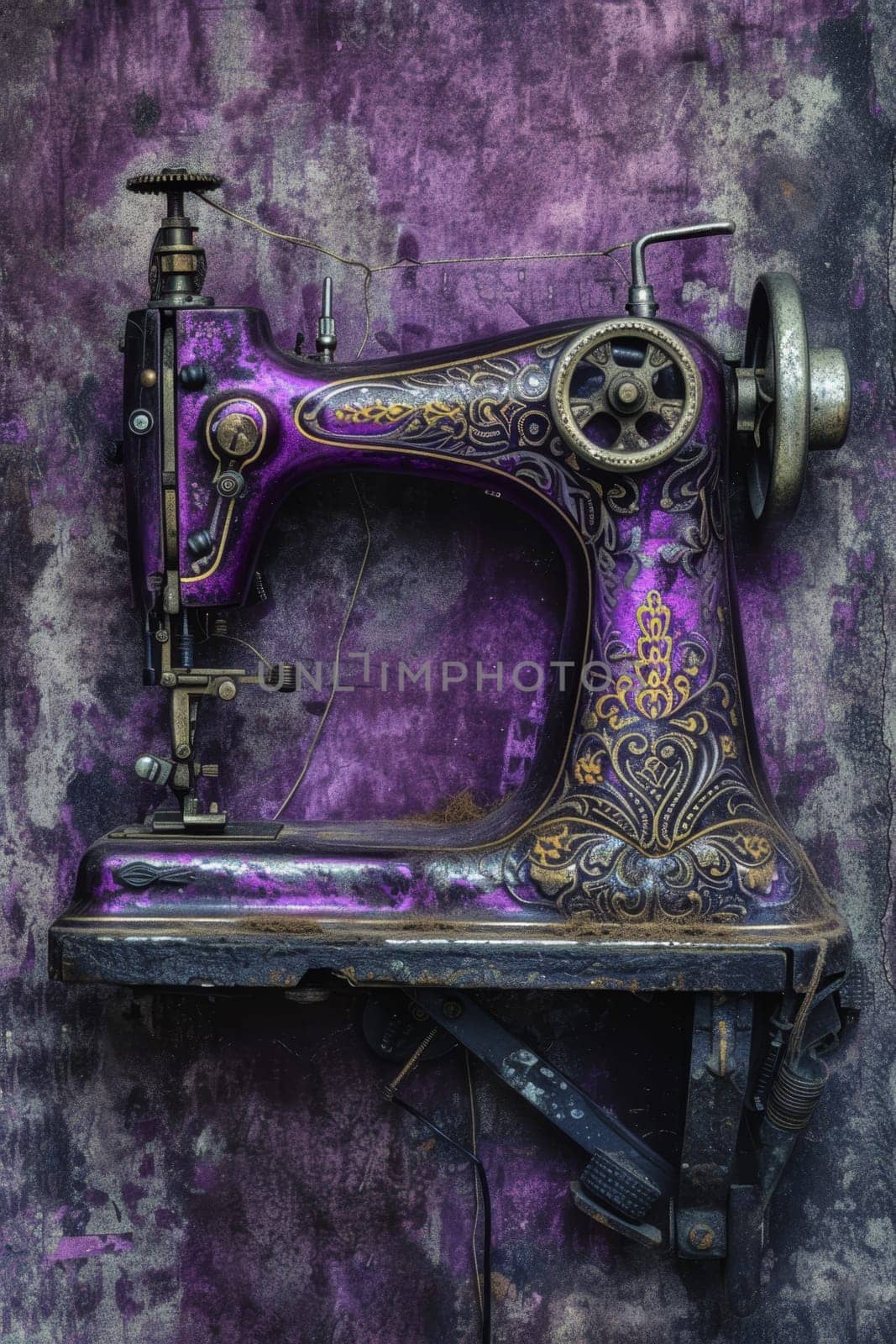 An antique sewing machine is ready to work on the table by Lobachad