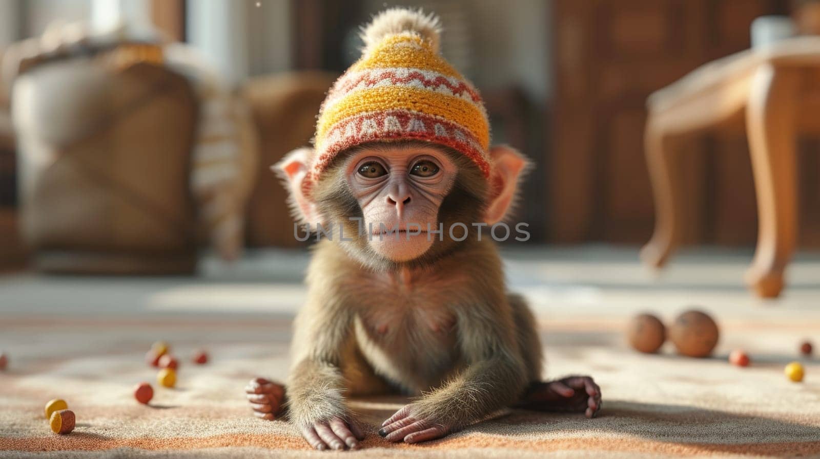 Funny monkey in a warm hat sitting in a home interior.