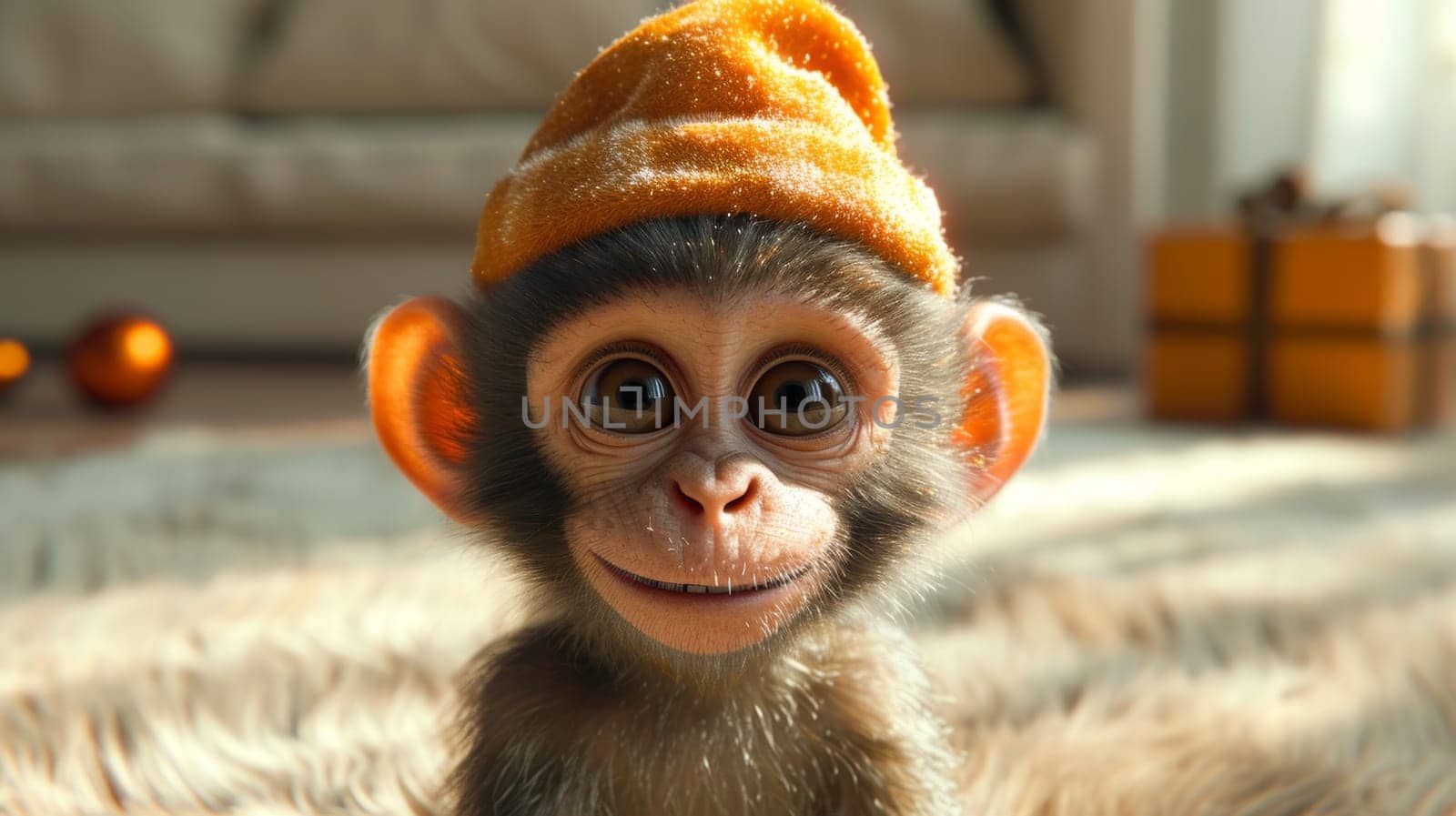 Funny monkey in a warm hat sitting in a home interior.