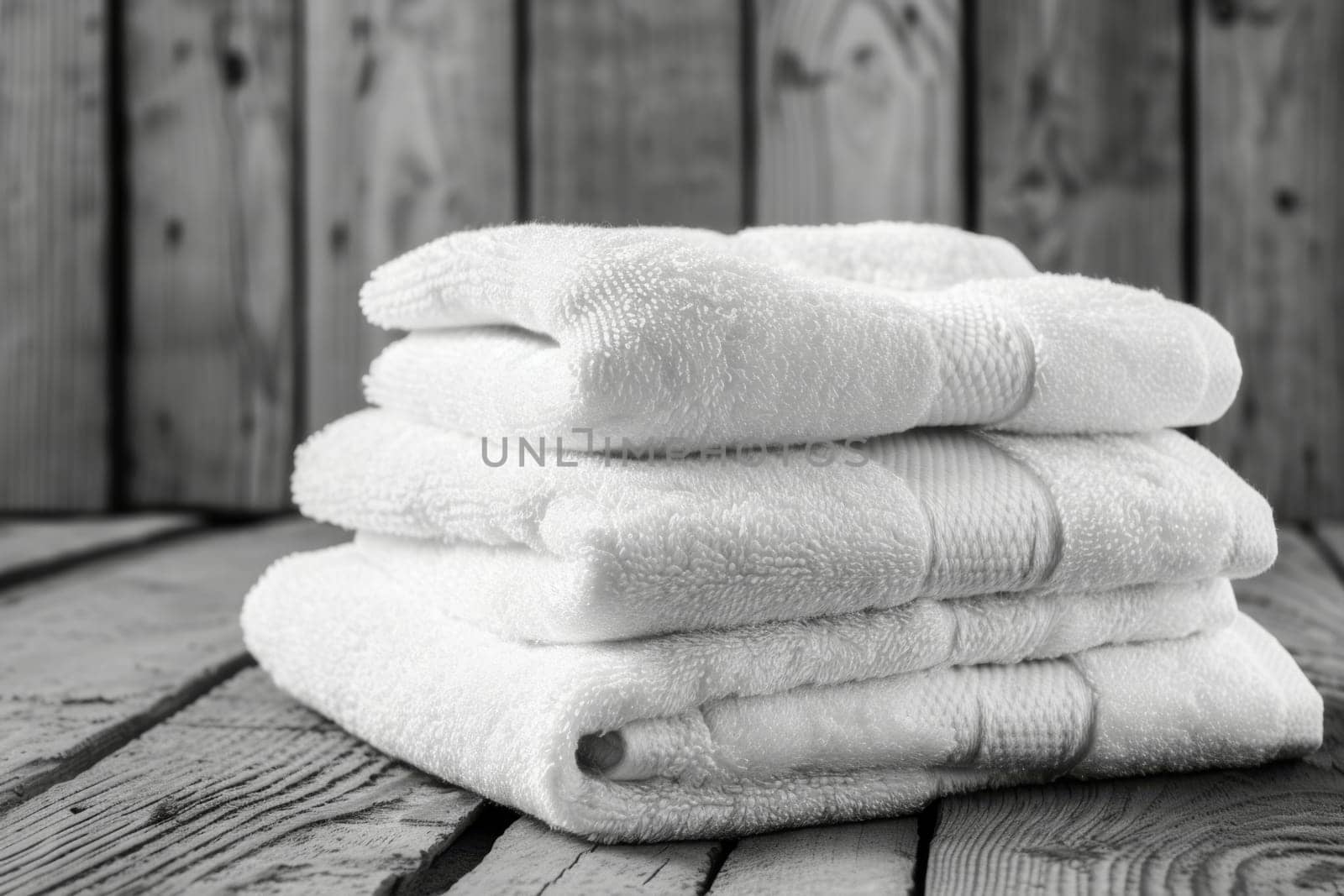 A stack of white towels lies on a wooden surface by Lobachad