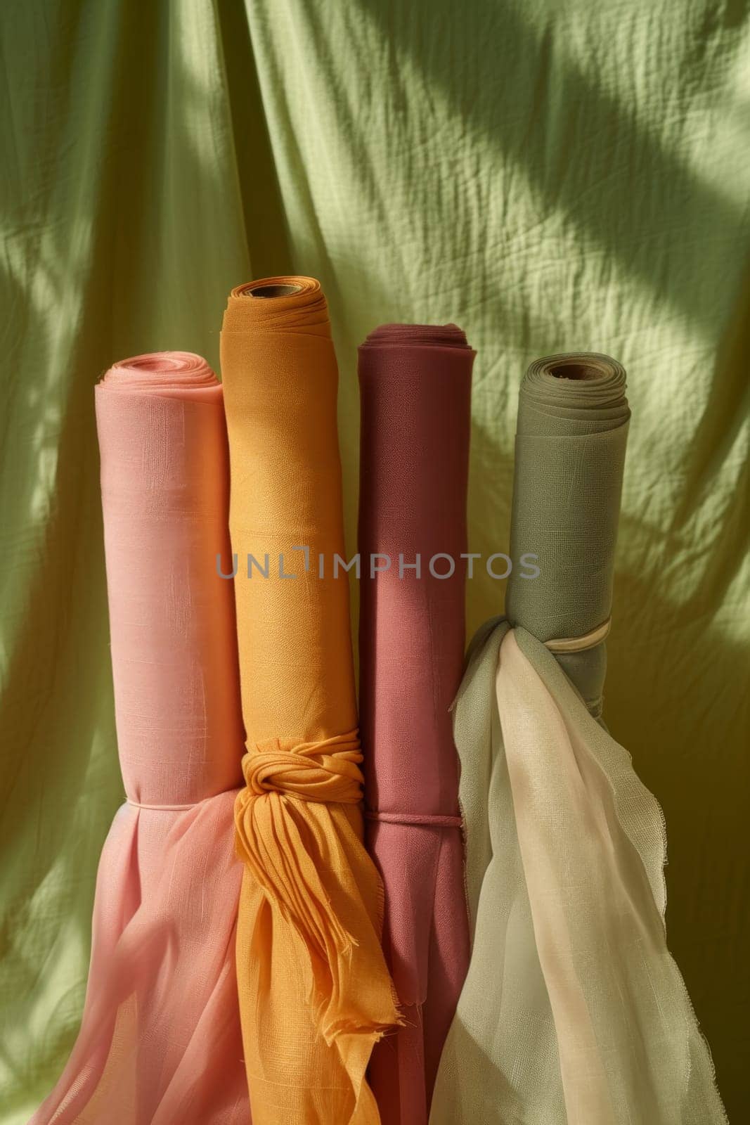Close-up of various rolls of multicolored fabric stacked by Lobachad