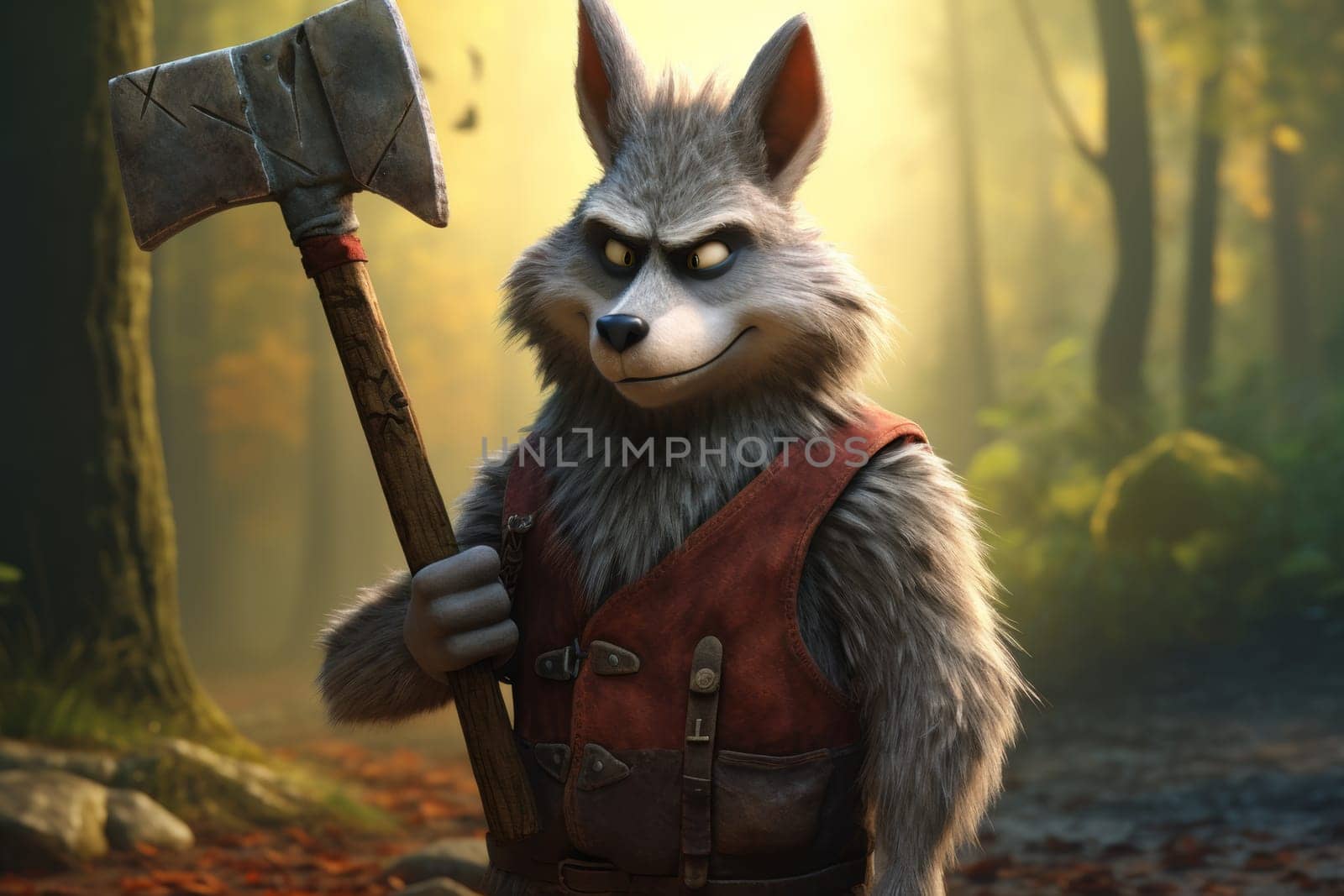 A cartoon character of a lumberjack wolf with an axe in his hands. 3d illustration by Lobachad