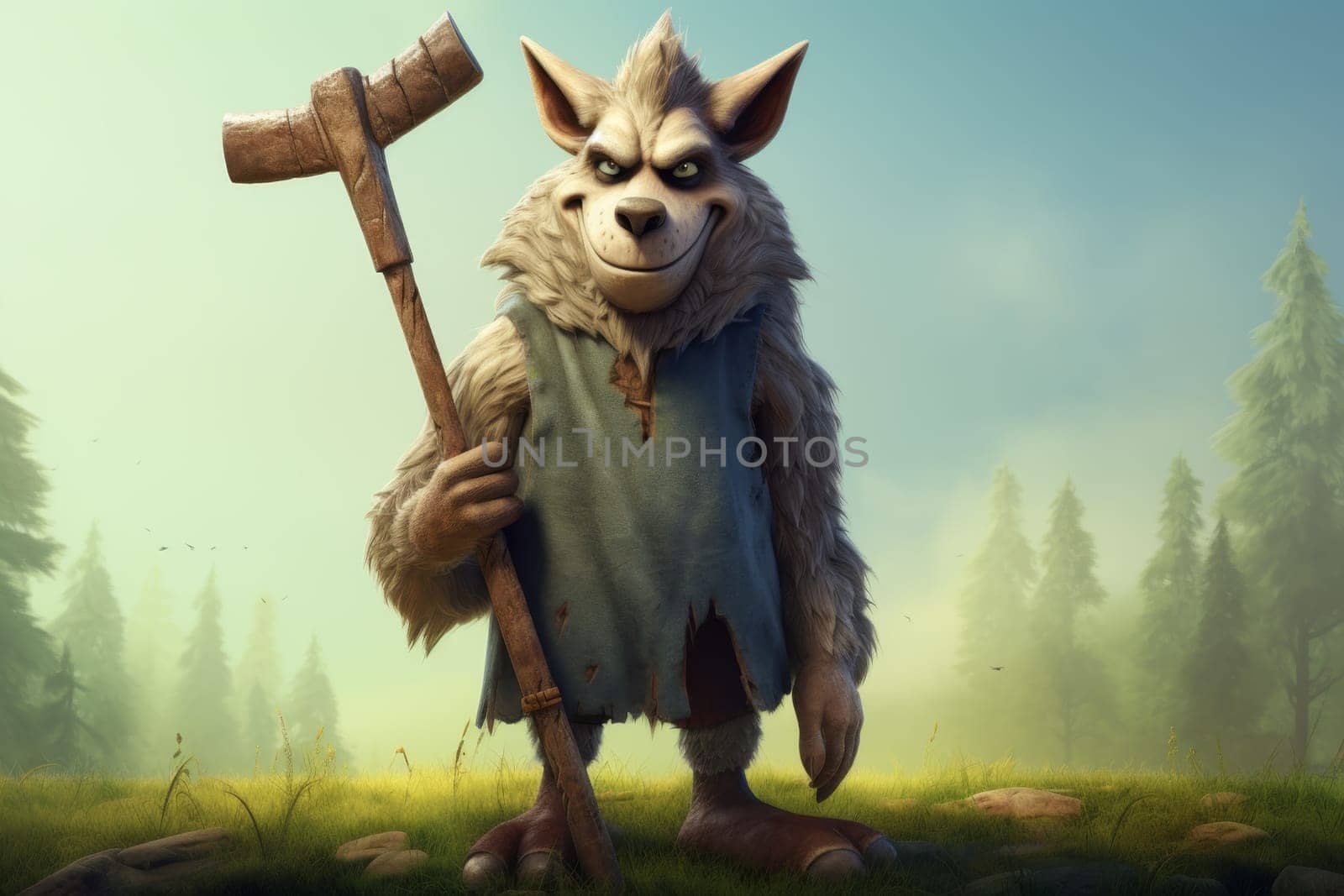 A cartoon character of a lumberjack wolf with an axe in his hands. 3d illustration by Lobachad