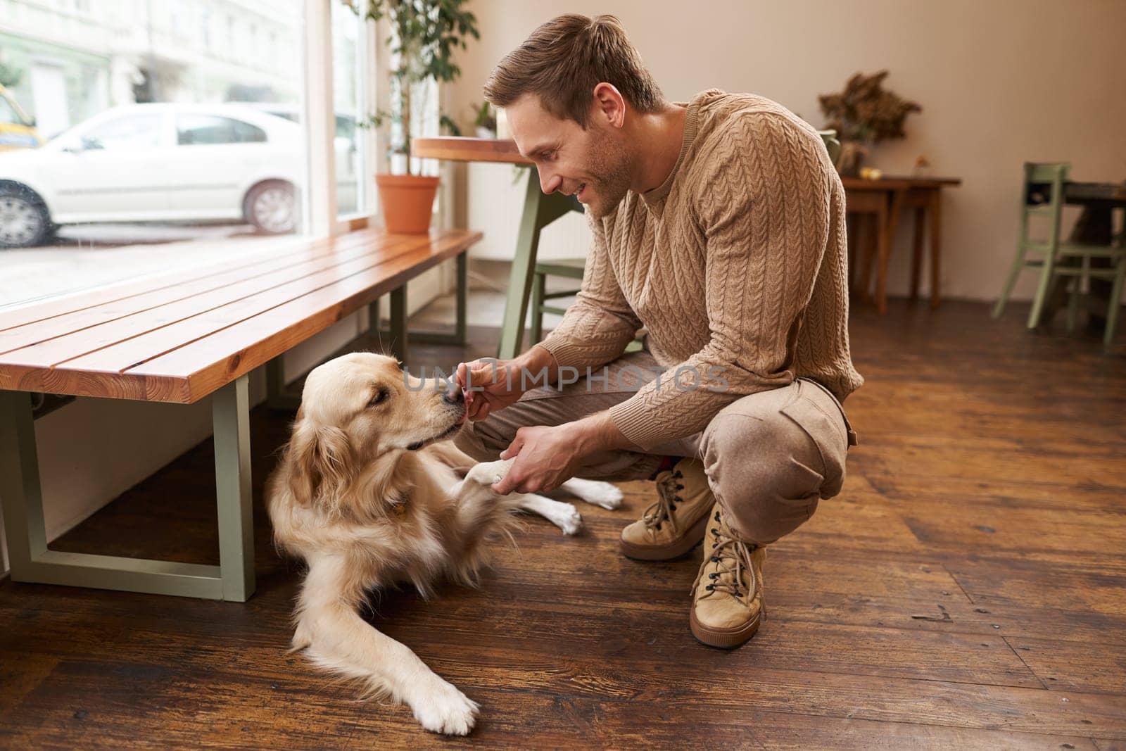 Portrait of handsome man playing with his dog in a cafe, a guy holds his pet paw in hand and smiles, spends time in pet friendly space.