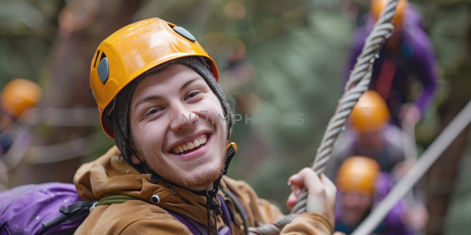 View of high ropes course, process of climbing in amusement activity rope park. happy and excited teens climbing. ai generated