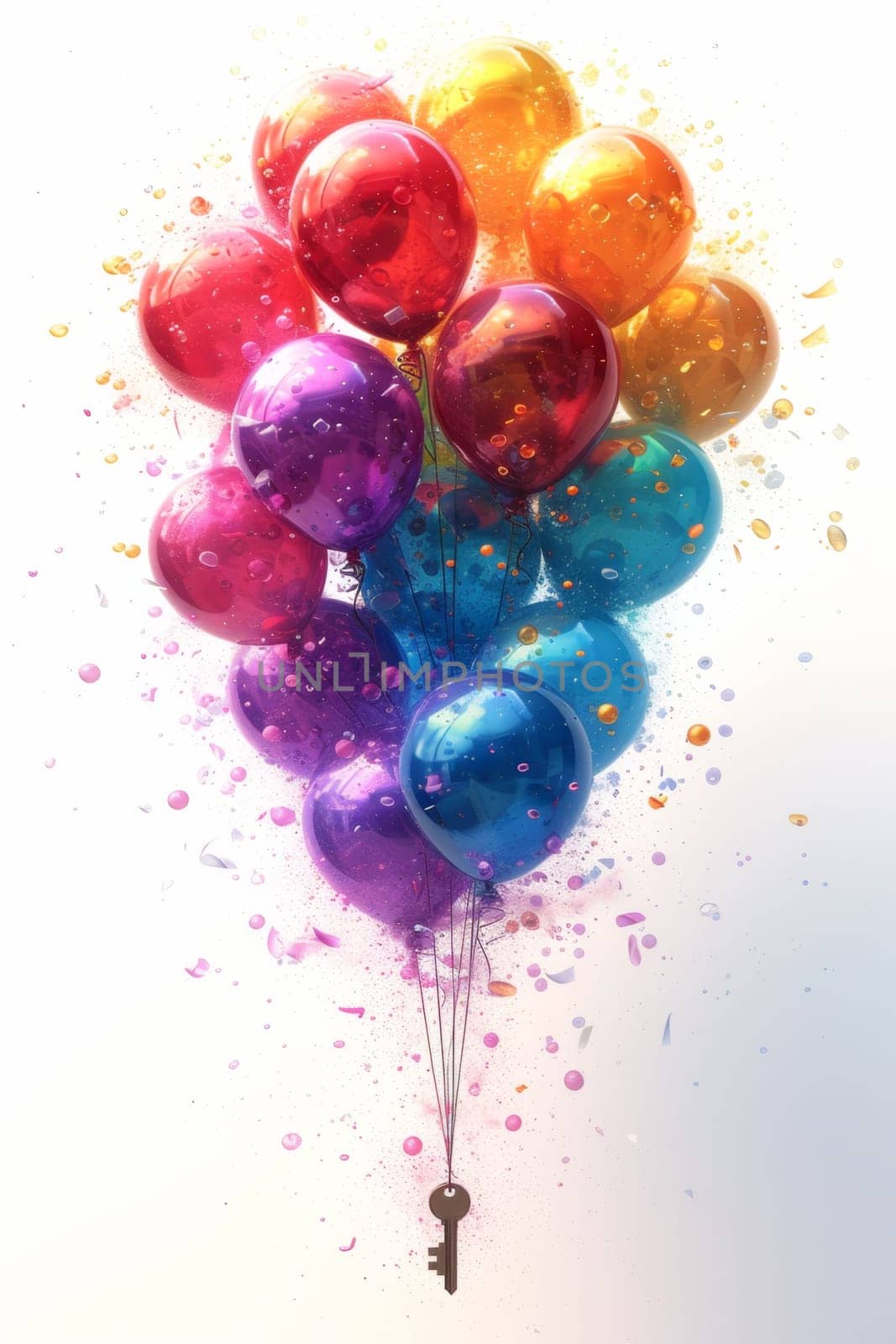 gift colorful balloons suspended from a gift key. 3d illustration by Lobachad