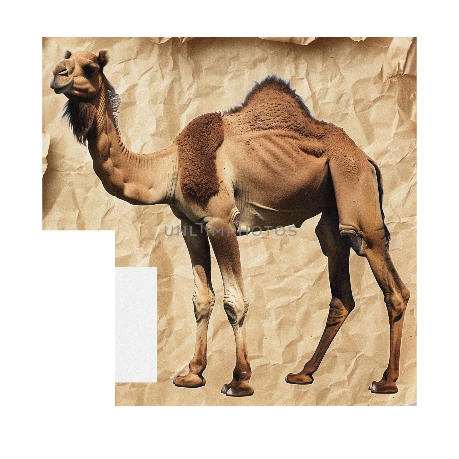 Cut out sticker of camel on crumpled paper ai generated