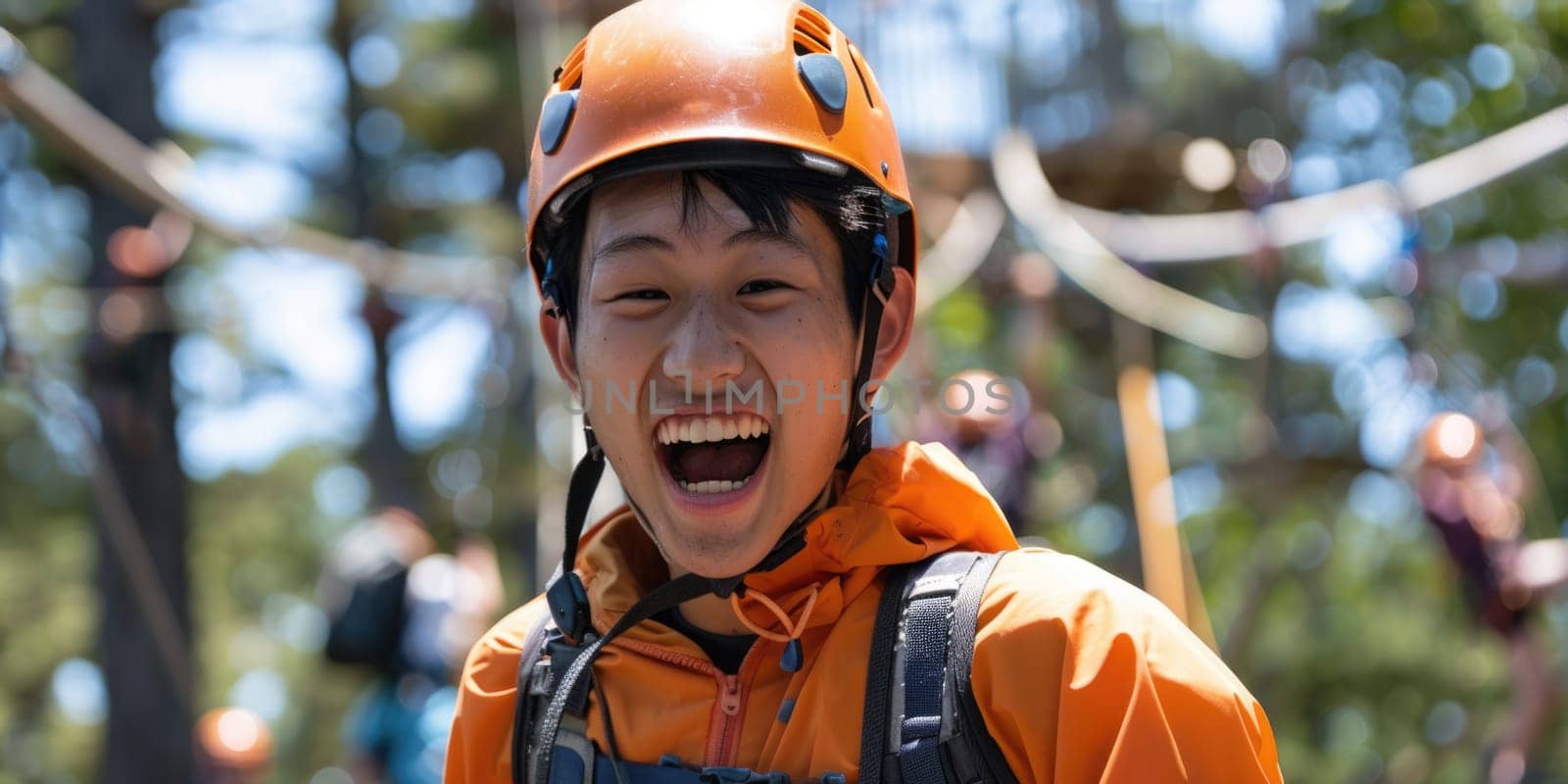 View of high ropes course, process of climbing in amusement activity rope park. happy and excited teens climbing. ai generated