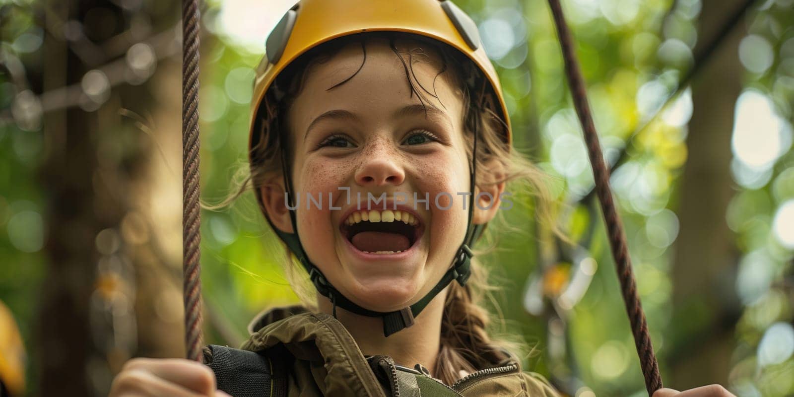 View of high ropes course, process of climbing in amusement activity rope park. happy children climbing. ai generated