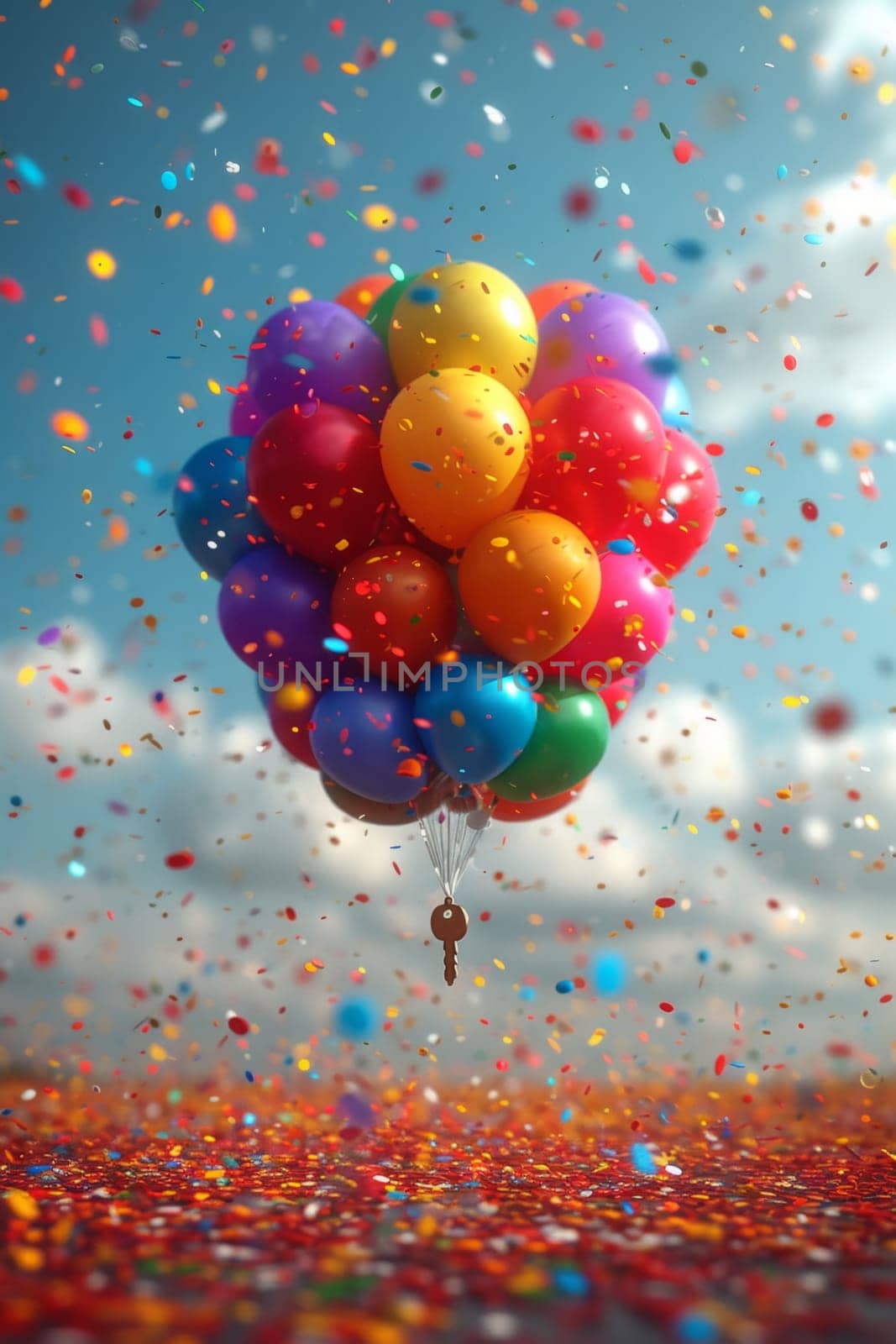 gift colorful balloons suspended from a gift key. 3d illustration.